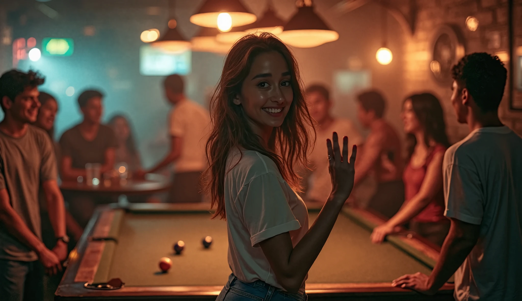 billard happy to win 
player female
