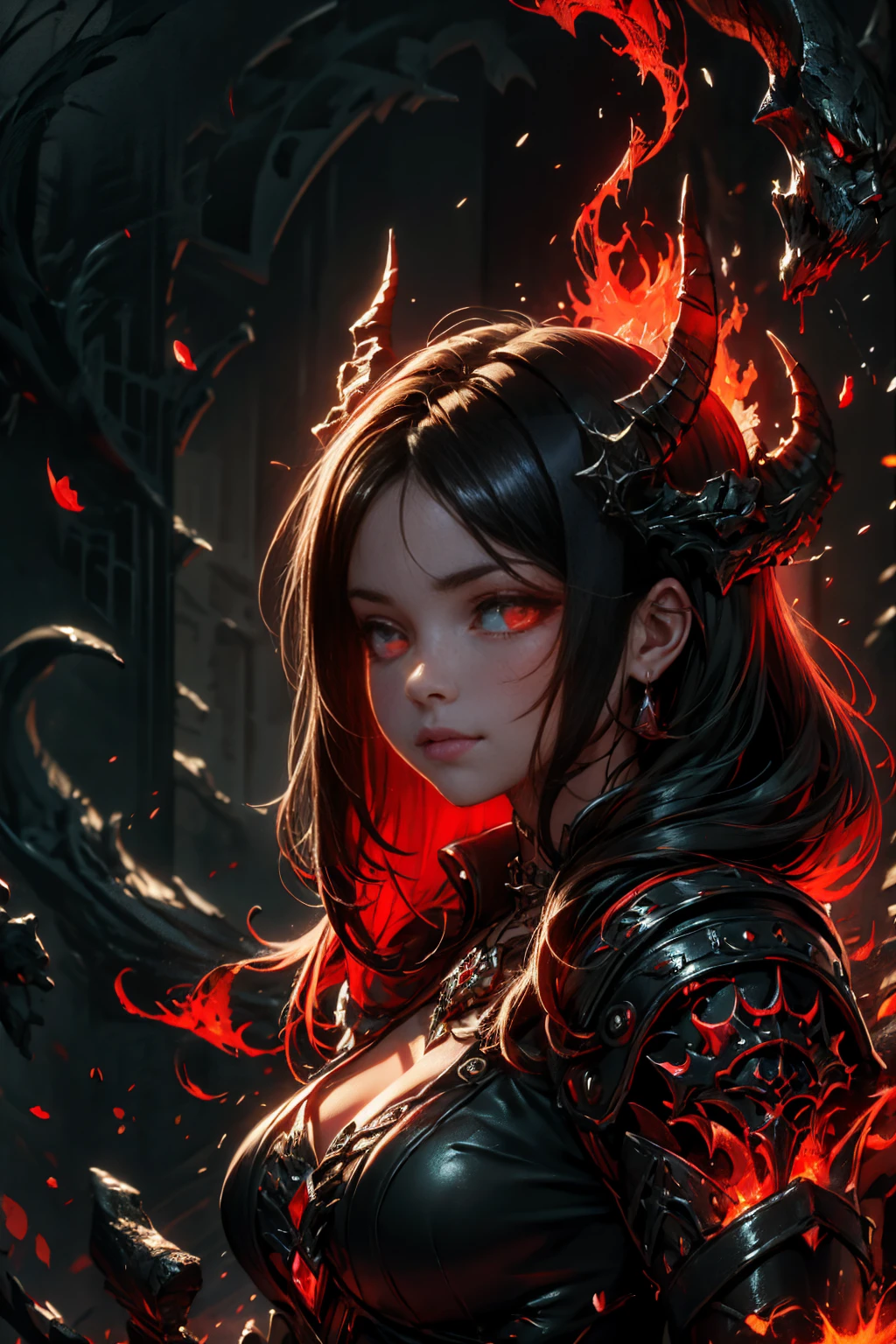 a girl and a black dragon with glowing red eyes, fire in the background, night sky --auto --s2
