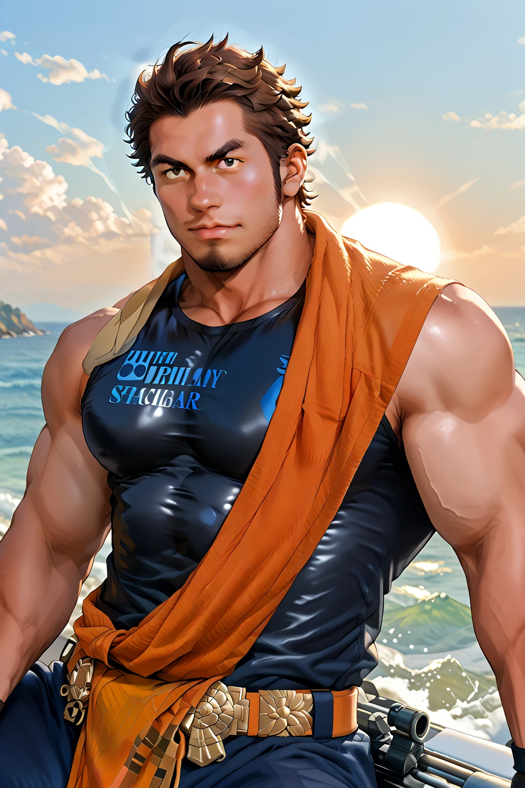 yoru valorant, spiky hair, shirtless, fully shirtless, blue shorts, wearing sunglasses, beach background, sitting, hands behind head