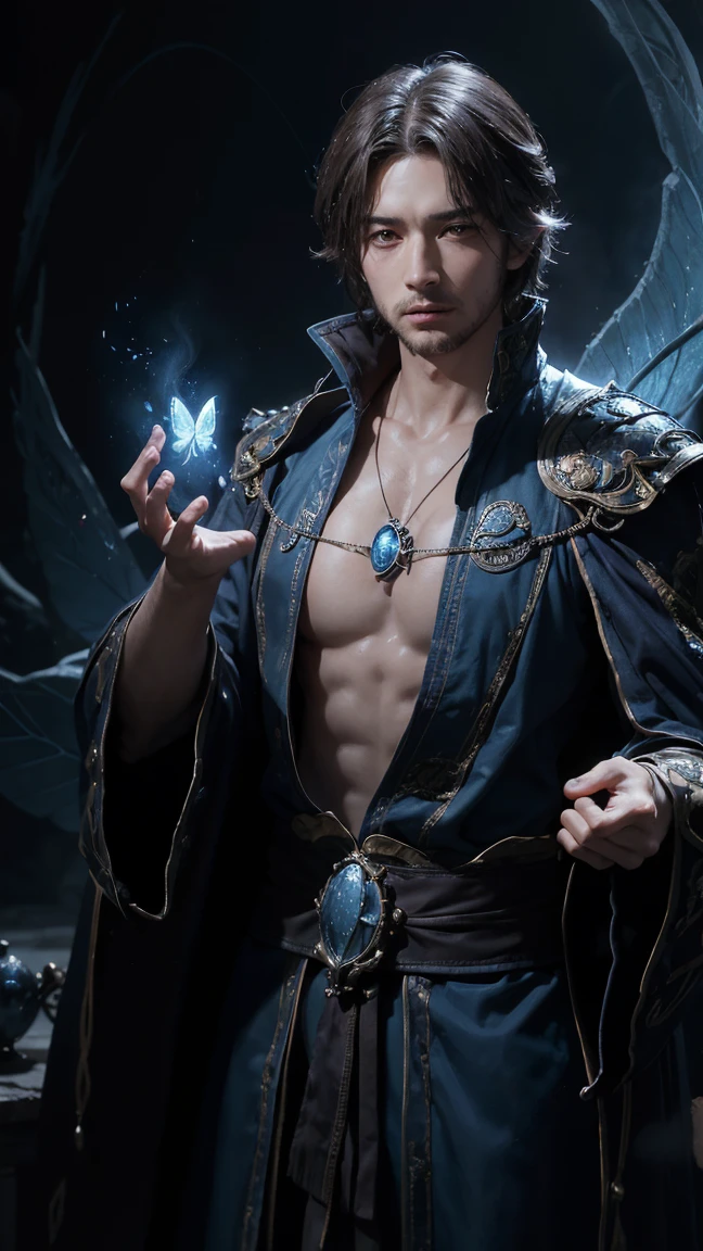 Absurdres, Masterpiece, Excellent, a tall handsome muscular young man, solo, perfect facial features, (short hairstyle:1.5), sexy gaze, beautiful, gorgeous, wet, digital painting, (wizard), slimming, elf, gray pupils, (floating crystal ball), wizard outfit, relax, detailed background, Fantasy, Magical, Mystical, Ethereal, Unique Style, Surreal, Symbolic, magical tattoos, looking at the viewers romantically,