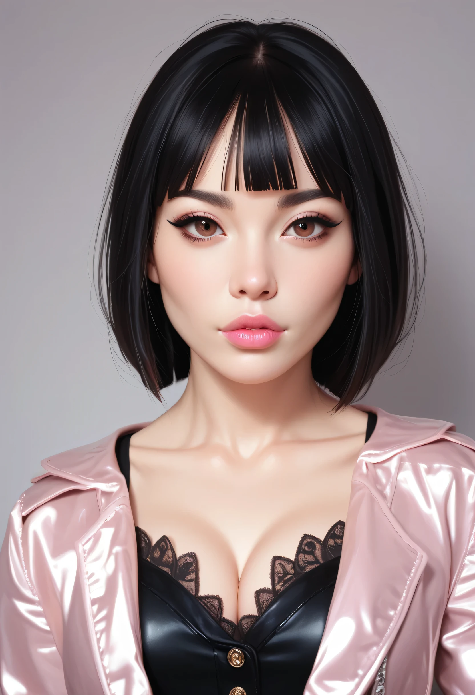 realistic, perfect face, black hair, (hime cut hair), black eyebrows, thin eyebrows, brown eyes, black eyeliners, nose, normal lips, pink lips, beautiful face, collarbone, cleavage, medium breasts, black jacket, ((look at viewer))