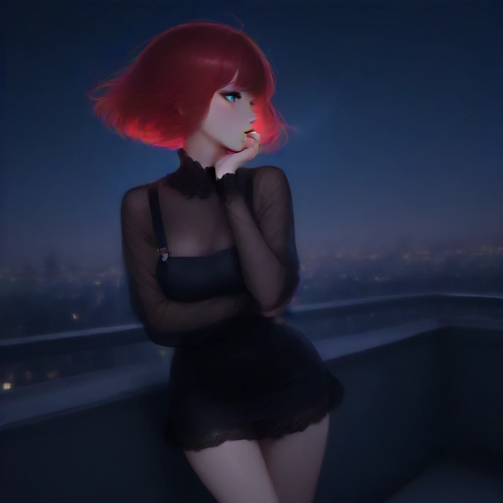 Gwen Tennyson stands on a luxurious terrace of a skyscraper in the city, enjoying a clear night. The scene is illuminated by the soft light of the moon, creating a calm and sophisticated environment. The terrace has elegant furniture and decorative plants, that add a touch of freshness to the composition.

She is dressed only in a black lace nightgown, that fits perfectly to your figure. The nightgown is made of delicate and translucent lace., with an intricate design of flowers and geometric patterns that highlight your body in a sensual and refined way. The black fabric, to the light of the Moon, It has a slight shine that accentuates the texture and detail of the lace.

The nightdress has a deep V-shaped neckline that reveals a touch of your skin, while the straps are thin and adjustable, adding a touch of sophistication to the ensemble. The skirt of the nightgown falls gently to just above her knees., moving with the night breeze and accentuating the elegance of your posture.

Gwen is barefoot on the terrace floor, which is covered with polished marble tiles that reflect the moonlight. She leans slightly over the glass railing, with one hand resting on the railing and the other gently touching her hair. His posture suggests a mix of relaxation and confidence., while looking at the city skyline.

Her red hair falls in soft waves over her shoulders., and her face is lightly made up with a touch of shadow in her eyes and a subtle gloss on her lips.. Sus ojos verdes brillan to the light of the Moon, adding an intensity to your look that complements the air of sensuality of the moment.

The view from the terrace shows a dazzling cityscape with twinkling lights and buildings in the distance. The black lace nightgown combination, The soft light of the moon and the panoramic view of the city creates an atmosphere of sophistication and mystery, highlighting the elegance