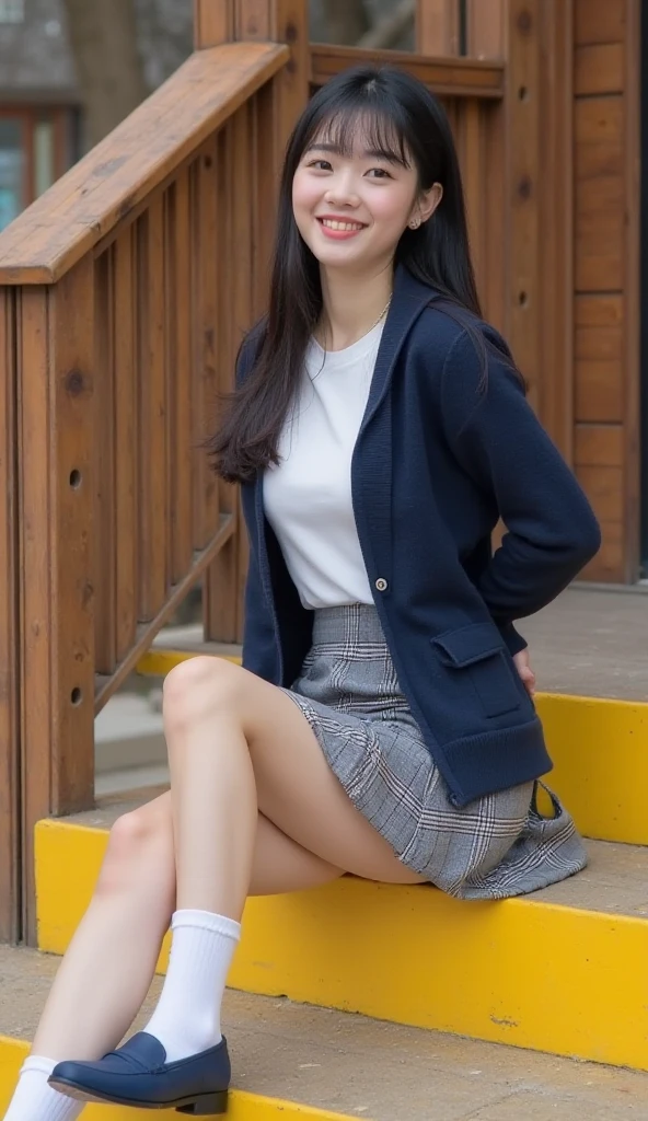 16 year old girl,Long brown hair,Blue shirt,sweater,Coat,Plaid skirt,Bare legs,White socks,Thin legs,thin,sit on the chair,Full body image