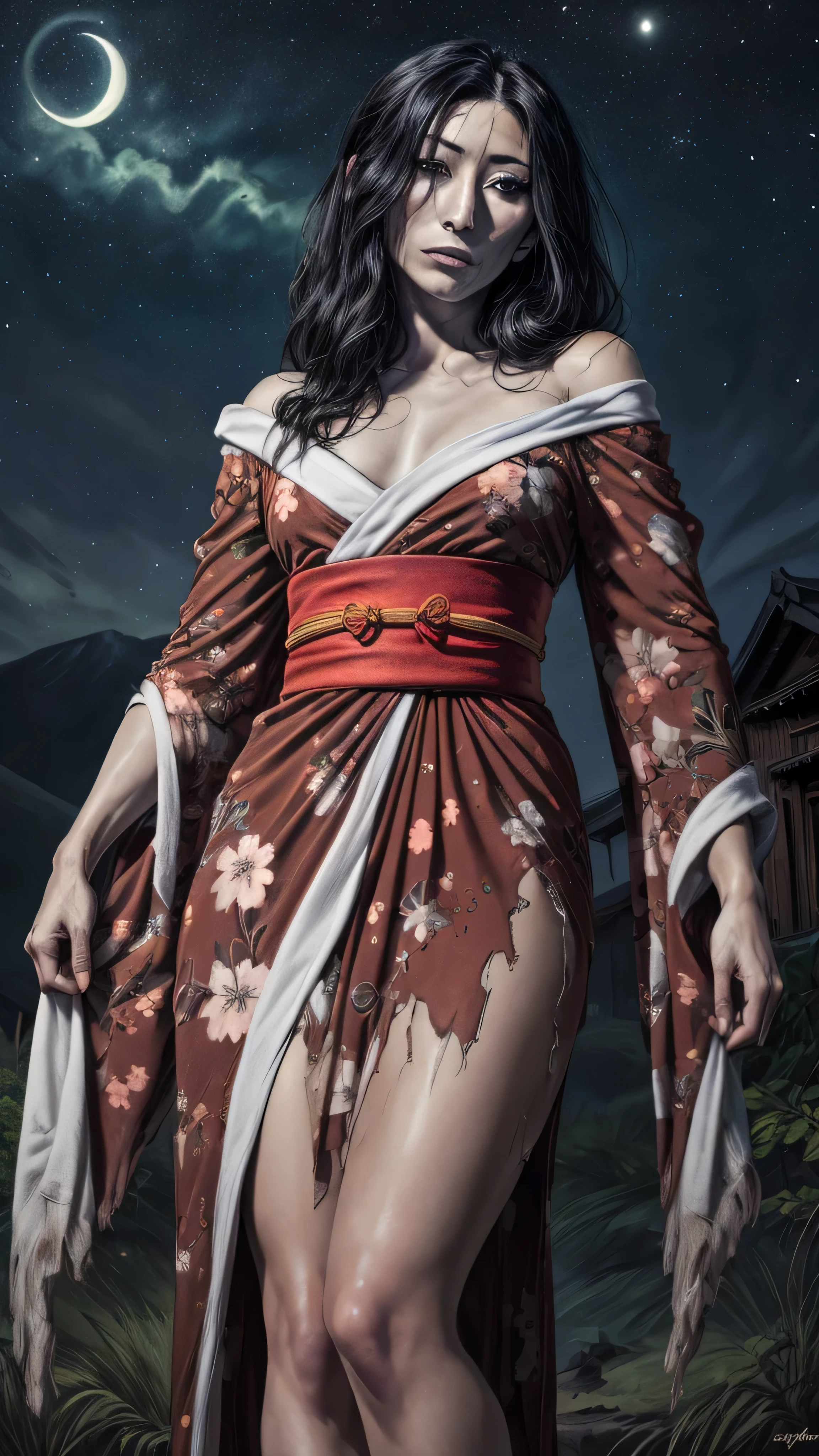 ((masterpiece:1.3), (best quality:1.3), Dichen Lachman as Hisako, grey skin, long hair, hair over one eye, black sclera, white pupils, looking at viewer, scars, red kimono with floral print, off shoulder, torn clothes, head tilt, green aura, japanese ghost village, night sky, from below, standing, full body, (insanely detailed, beautiful detailed face, masterpiece, best quality), solo