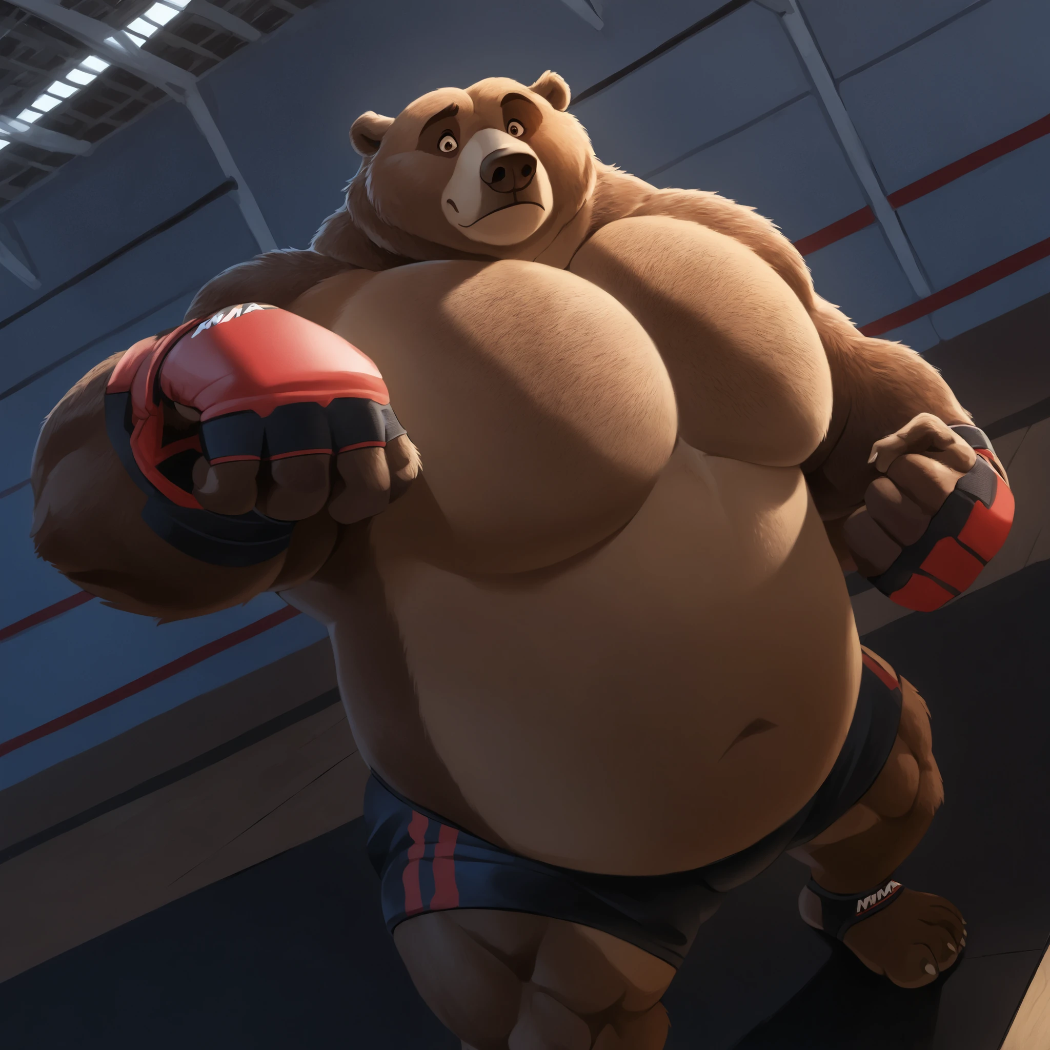 Solo, 1boy, Muscular Old, grunting, intimidating glare, focus, wide shoulder, pectoral, thick arms, huge pectoral, wide pectoral, brown nose, height: 220cm, weight: 440lbs, a Kodiak brown bear in a black MMA shorts with red slits, wearing an MMA gloves with red knuckle pads and an ankle support brace as he workouts in the gymnasium warehouse, Disney 2D Art Style,