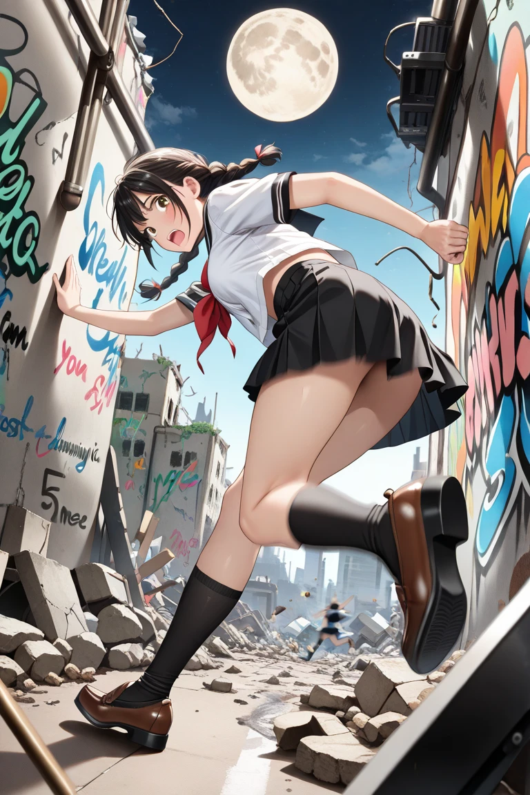 girl similar to gorillaz noodle, long black straight hair ((drawing)), ((anime girl nose)), tied to the train, comical image, funny