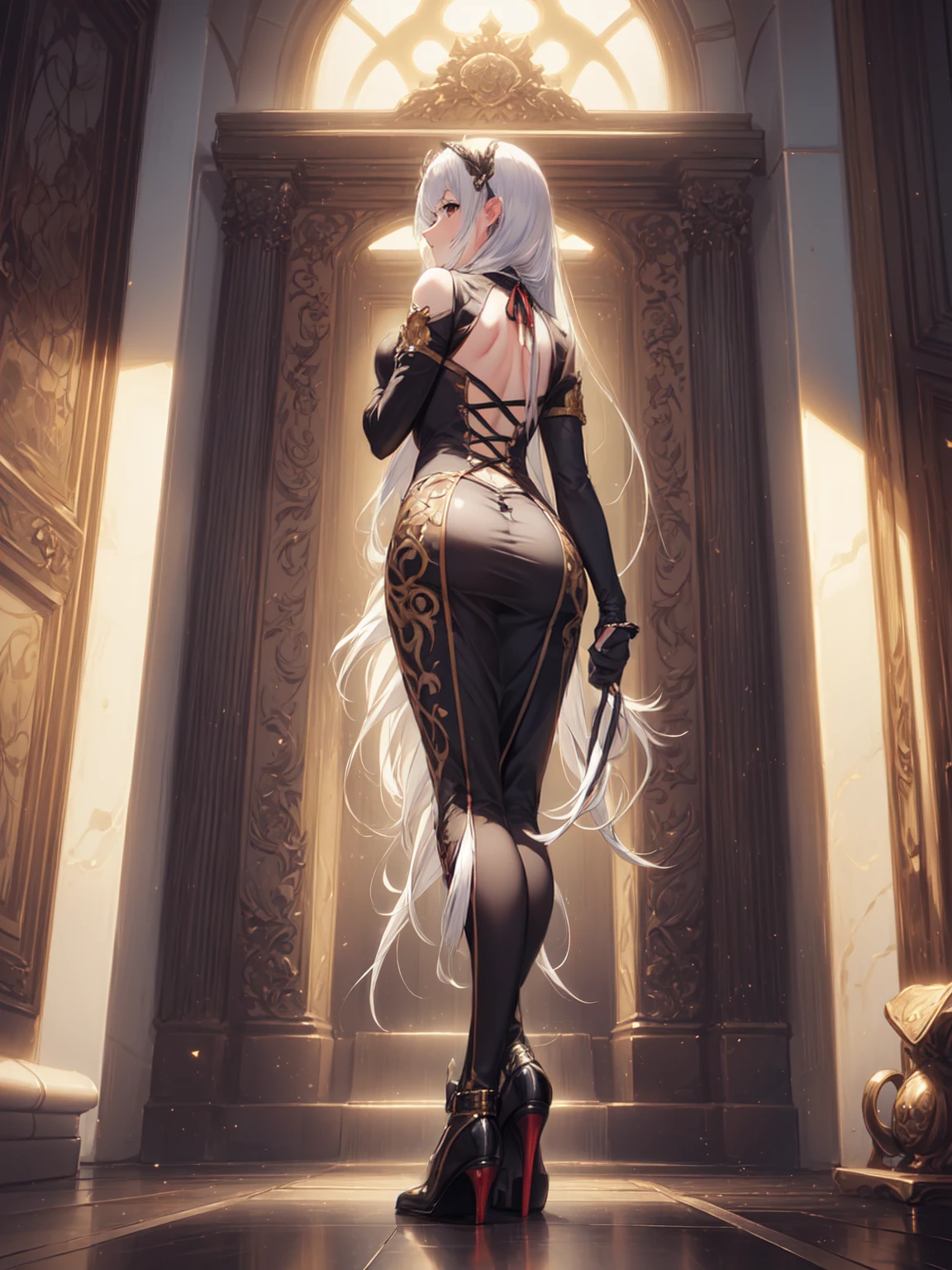 FS, an albino girl with perfect 10 features and long black Rapunzel-like hair, stands in a picturesque Avatar-like scene. Her body is graceful with a petite bust and slender legs. The girl looks stunning in a sheer organza dress with intricate designs. Her high-heeled shoes are elegant with golden patterns. The sunlight creates a subtle silhouette around her contours from the back, while soft and filling light illuminates her from the front. This scene has photorealistic qualities and is a concept art that creates a wow effect of:2. It can be found on the website 500px with hyper-superior details of:2. --auto --s2