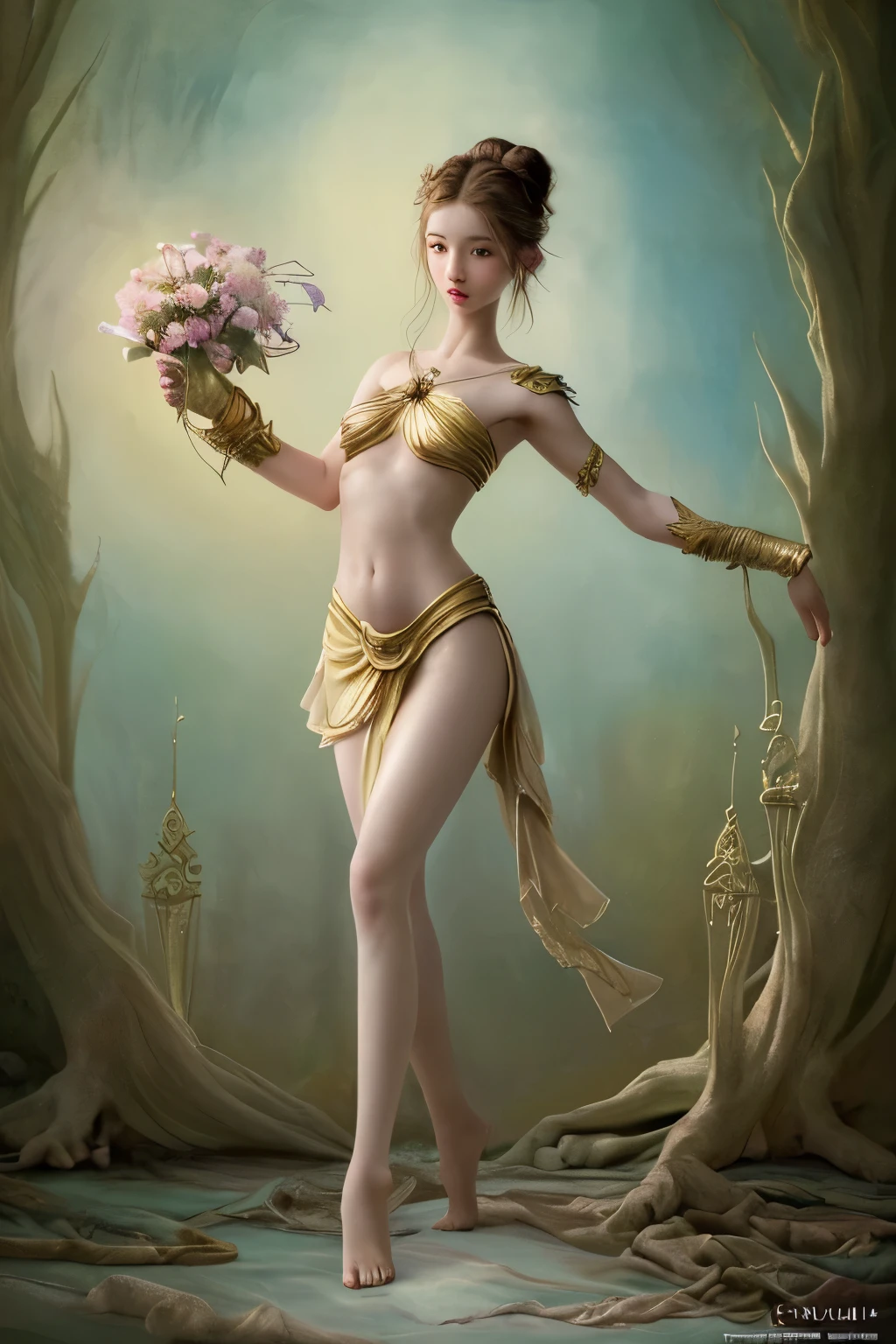 (cinematic pictures: 1.3), (Really: 1.3), (Comfortable: 1.3) beautiful girls with boys, (difficult messy bun of light brown hair), very detailed skin texture, skinny shoulders, realistic skin texture, staring straight into the camera, ( watching), pastel, Shine, dramatic, dreamy, pastel flower garden, thin, skinny, kind, High Detail, difficult, digital painting, fantasy theme, skinny, Bare Belly, fantasy concept art, Fantasy character, A girl of a beautiful age, perfect body attacks, very detailed full body shot, dreamy, pastel, watercolor, weird, kind, Highly Detailed Textures, Realistic Textures, digital painting, High Detail photography ( art deco : 1.3), (Classical Realism: 1.3), (Fujifilm Superior: 1.3), nature, Golden Hour Light, full body portrait, thin legs, bare feet,Korean idol pretty girl dancer,