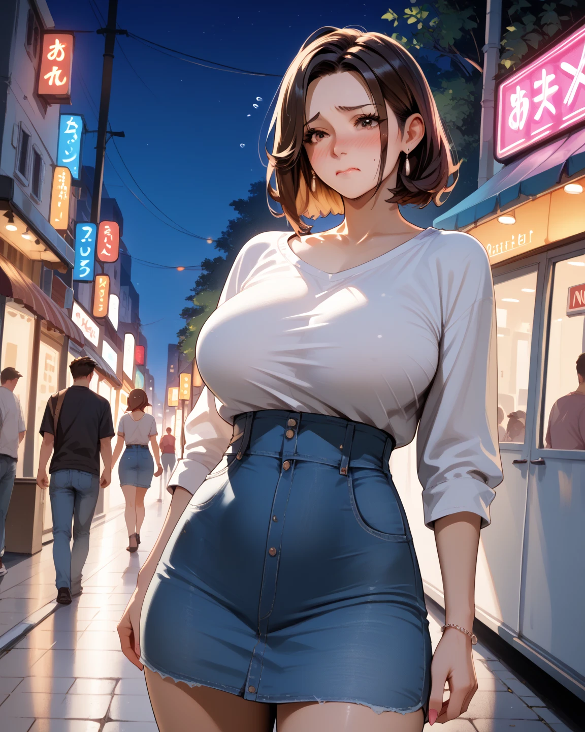 masterpiece, best quality,1girl,young girl,brown eyes,burn hair,seduced _face,shiny skin,(nice leg line:1.3),thin waist,huge breasts,
BREAK
, Cream-colored_oversized_sweater, high-waisted_blue_jeans, white_sneakers, silver_pendant_necklace, black_leather_backpack,
BREAK
around crowd:1.1,depth of field,looking at viewer,wariza,from front,full body