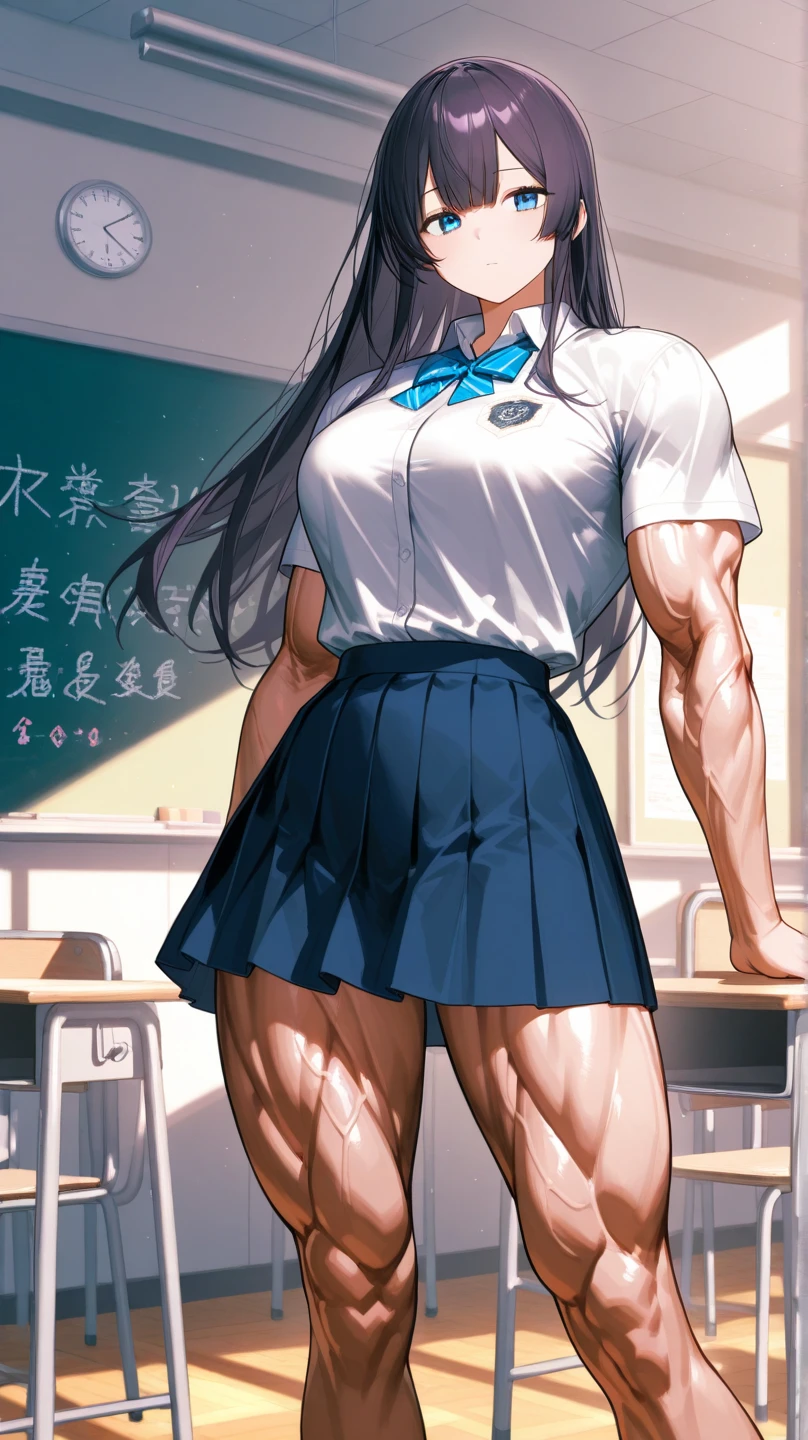 (BEST lighting) , (ultra intricately detailed) , 4K unification, (super-detailed CG: 1.2) , (8K: 1.2),(Original), (Masterpiece) , (Best quality),(Masterpiece:1.4),Anime-ish high quality,(Masterpiece),Masterpiece, Super clear picture quality,Clearer than movies,(Fine face)Best quality, absurderes,((masterpeace, 4K, 8K, Yes, A high resolution))1girll, schoolgirls,ssmile,She was inside Sky City,Black school uniform,white bowties,Bow knot,Ten strong abs,Perfect body proportions,standing on your feet,Exposing the abdomen, White costume,There are bulges of dense veins on the arms,Spring, Sports boots, Perfect figure, Long dark blue hair with anxiety, Dynamic pose,Legs exposed,Strong leg muscles ((body builder:1.5)),Classroom(Beautiful bace),(Girl),(Female),(((Upper body:1)))