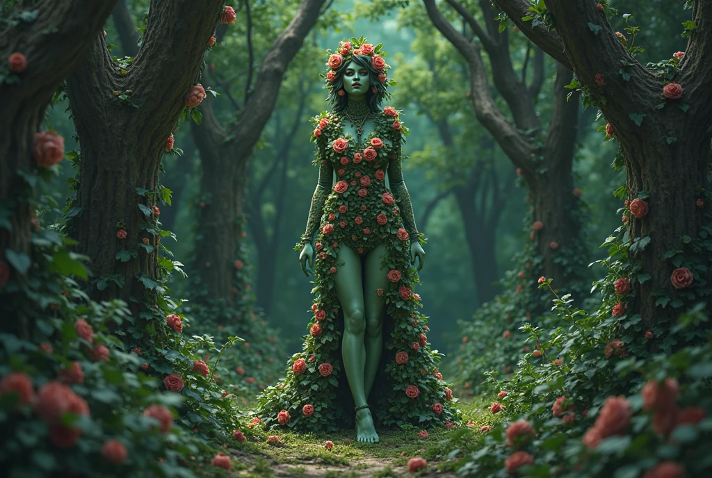 (best quality,4k,8k,highres,masterpiece:1.2),ultra-detailed, beautiful seductive Dryad in a suburban backyard garden, AubreyPlaza, tree woman, plant woman, plant flesh, green dryad, green skin, hair made of pink flowers, glowing green eyes, sensual smile, seductive pose, erotic pose, seethru, HDR, 8k, absurdres, cinestill 800, sharp focus, add_detail:2, (solo, woman)