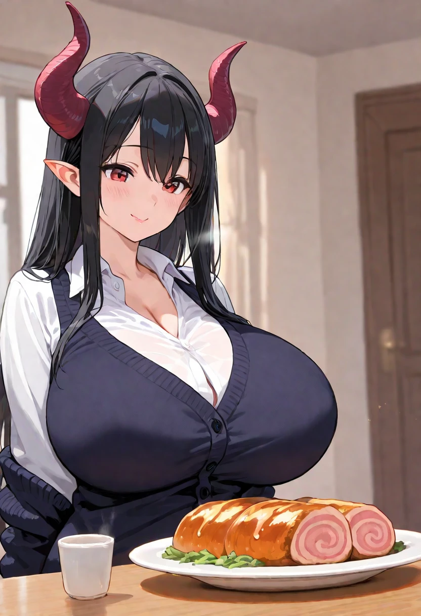 masterpiece, detailed, beautiful, 1girl, mature female, milf, curly red hair, bob cut, (freckles:1.2), (freckles on breasts:1.2), (black sarashi:1.2), (black fundoshi:1.2), (Black Clothing:1.2), neckbell, collar, standing against a simple wooden wall, brown eyes, little horns, wide waist, black cow ears, wide hips, chubby, slightly muscular, standing looking at camera, hands on hips, full lips, dark red lipstick, (massive heavy breasts:1.5), (massive areolae:1.5), sleeveless, overhead shot, smiling, closed mouth. <lora:curly_hair_slider_v1:3> <lora:Manyuu:1> <lora:hamichichiB:1> <lora:breastsizeslideroffset:0.2>