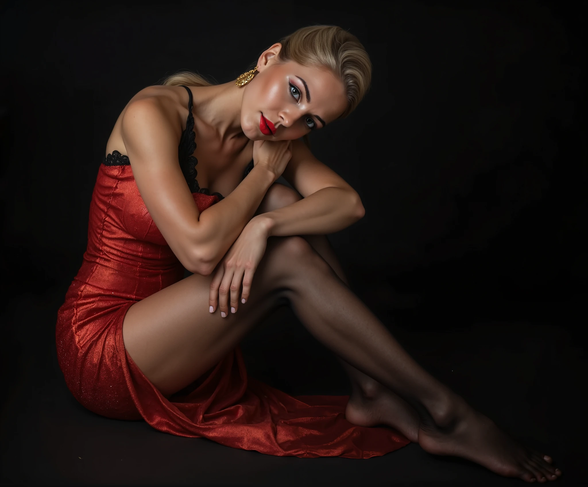 European mature female in a red dress posing for a picture, very attractive and beautiful, elegant seducing pose, beautiful sexy woman photo, sexy girl, very beautiful mature woman, sexy red dress, gorgeous elegant attractive, very seductive pose, beautiful blonde girl, seductively looking in front, attractive and beautiful, attractive pose, stunning appealing figure, sexy dress, in red and black wavy blonde hair, wearing a form-fitting red dress with black lace details at the neckline, gold chandelier earrings, crouching pose with one hand resting on chin, black sheer stockings, barefoot, black sheer pantyhose, black pantyhose, black sheer pantyhose, (((barefoot:1.6))), very beautiful mature woman, high long blonde ponytail, seated pose, seductive pose, barefoot, detailed feet, soles, toes, indoor setting with soft ambient lighting, stylish and elegant atmosphere, front view angle, smooth lighting and balanced shadows, fashion model photography, modeling photography, 4k fashion shoot, high - end fashion photoshoot, beautiful European woman sitting, attractive pose, cheongsam, fashion shoot 8k, fashion model pose, ruan jia beautiful!, solo photoshoot, professional model photography, fashion photograhy, gorgeous chinese model seated pose, patterned blue dress with red and orange designs, relaxed body posture, sitting side profile, dark studio background, soft lighting from above, smooth skin, minimal shadows, calm and introspective atmosphere, professional studio shot