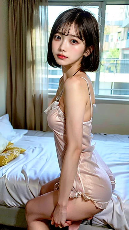 (((CUTE MALAY GIRL))), masterpiece, High quality, UHD 32K, Realistic face, Realistic skin feeling , A Japanese Lady, , better short hair pony, Very cute and baby-like face, (MATRIX WORLD), ((look In front at the camera and SADNESS)), (((WHITE))), (((CUTE GIRL))), ((WEARING SEXY LINGERIE)) SATIN FLORAL PATTERN, straddle in bed, perfect fullbody,