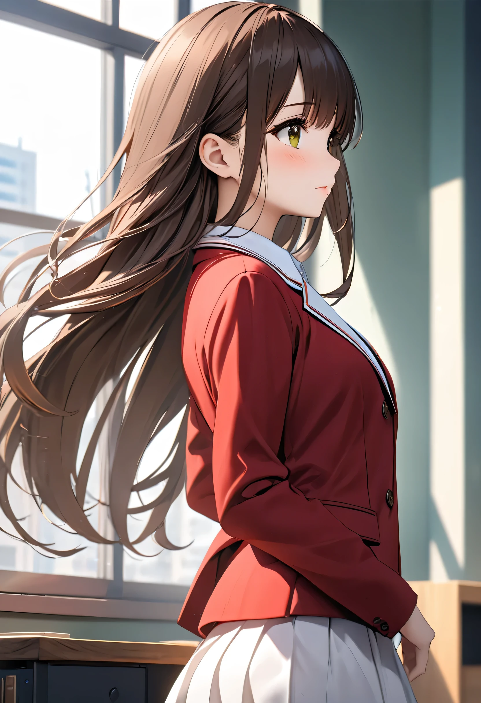 ((Masterpiece, better quality, high resolution, UHD, perfect pixels, depth of field, 4k, RTX, hdr))), 1 girl, single,  half body, medium height, alone,  beautiful anime girl , beautiful artistic style, anime character breasts, ((serene expression, childish gaze, beautiful face), (long hair loose up to her back waving in the wind, bangs, dark brown hair)), (brown eyes: 1.4,  not-so-rounded eyes , beautiful lashes,), (Detailed face, blush: 1.2), (smooth texture: 0.75, realistic texture: 0.65, photorealistic: 1.1, anime cg style), medium breasts, foreground, (is standing in profile in front of a window with a transparent curtain, , (dynamic profile view highlighting your beautiful features), (He wears a red blazer , white school shirt,  white plank miniskirt , long white socks above the knee,  brown school shoes )), ( in the background, an apartment with light walls and furniture in green tones modern style, Close up shot of the girl , profile view