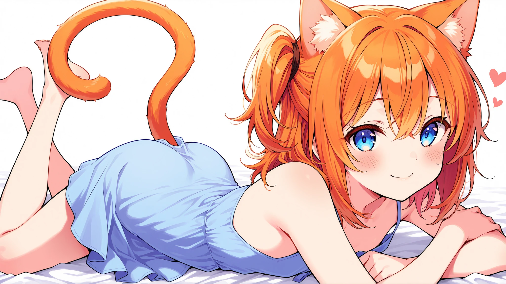 [[1girl]], [[solo]], orange hair, one side up, medium hair, vibrant hair, bright color, blue eyes, sun-kissed skin, one-piece dress, confident smile, blush, carefree, cat girl, orange cat ears, orange cat tail, mischief, flat chest, [[]], young girl, like, ((petite)), small figure, attention-seeking, playful, beautiful, anime girl, anime style,  lora:age_slider_v2:-4
