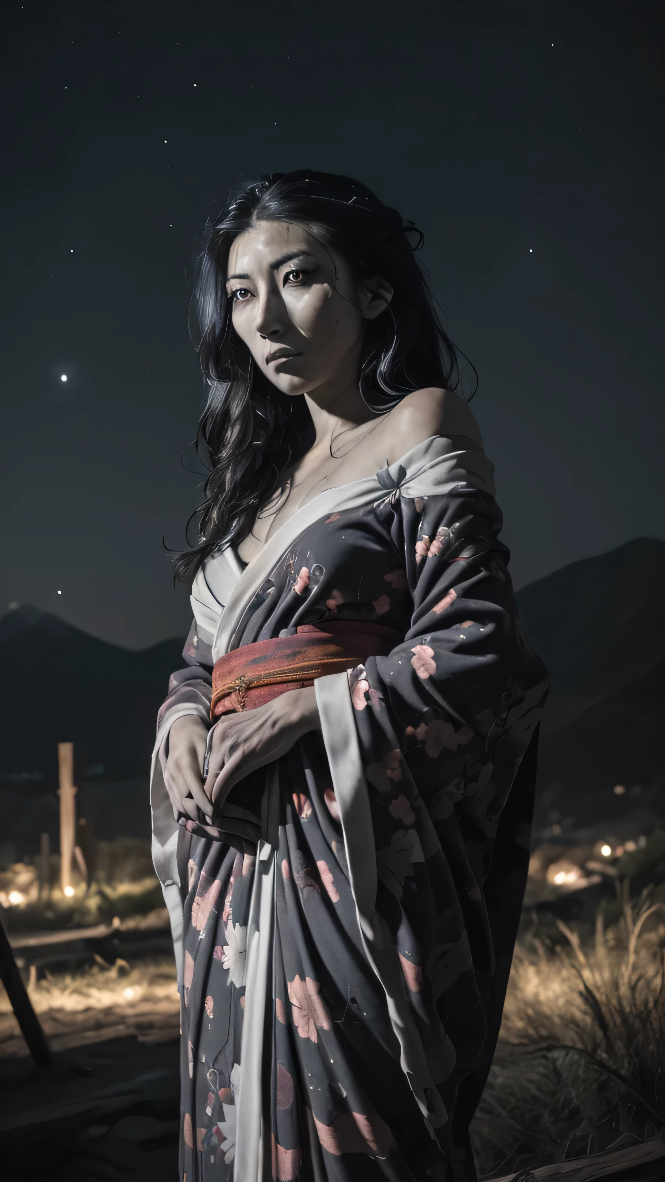 ((masterpiece:1.3), (best quality:1.3), Dichen Lachman as Hisako, grey skin, long hair, white pupils, scars, glowing eyes, black sclera, purple kimono with floral print, off shoulder, torn clothes, serious, looking at viewer, japanese ghost village, night sky, standing, (insanely detailed, beautiful detailed face, masterpiece, best quality) cinematic lighting, solo