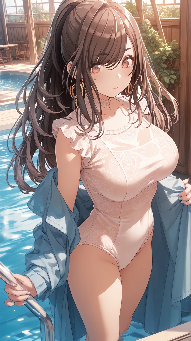 (Very detailed, Highest quality, Anatomically perfect body), One Girl, Anime Girls, Brown long hair, Brown eyes, Pink Glasses, Sunburned skin, Large Breasts, (Big Ass),Beautiful ass,Sweat,Wet,Embarrassing,Ruffled Dress,Put your arms behind your head,Are standing,(water),(water),Cherry Blossom,
