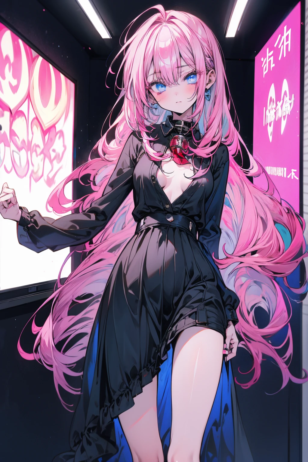 Girl with long pink hair laughs, in a black dress with a cutout on the chest sits in the middle of a dark room. Behind her hangs a black painting