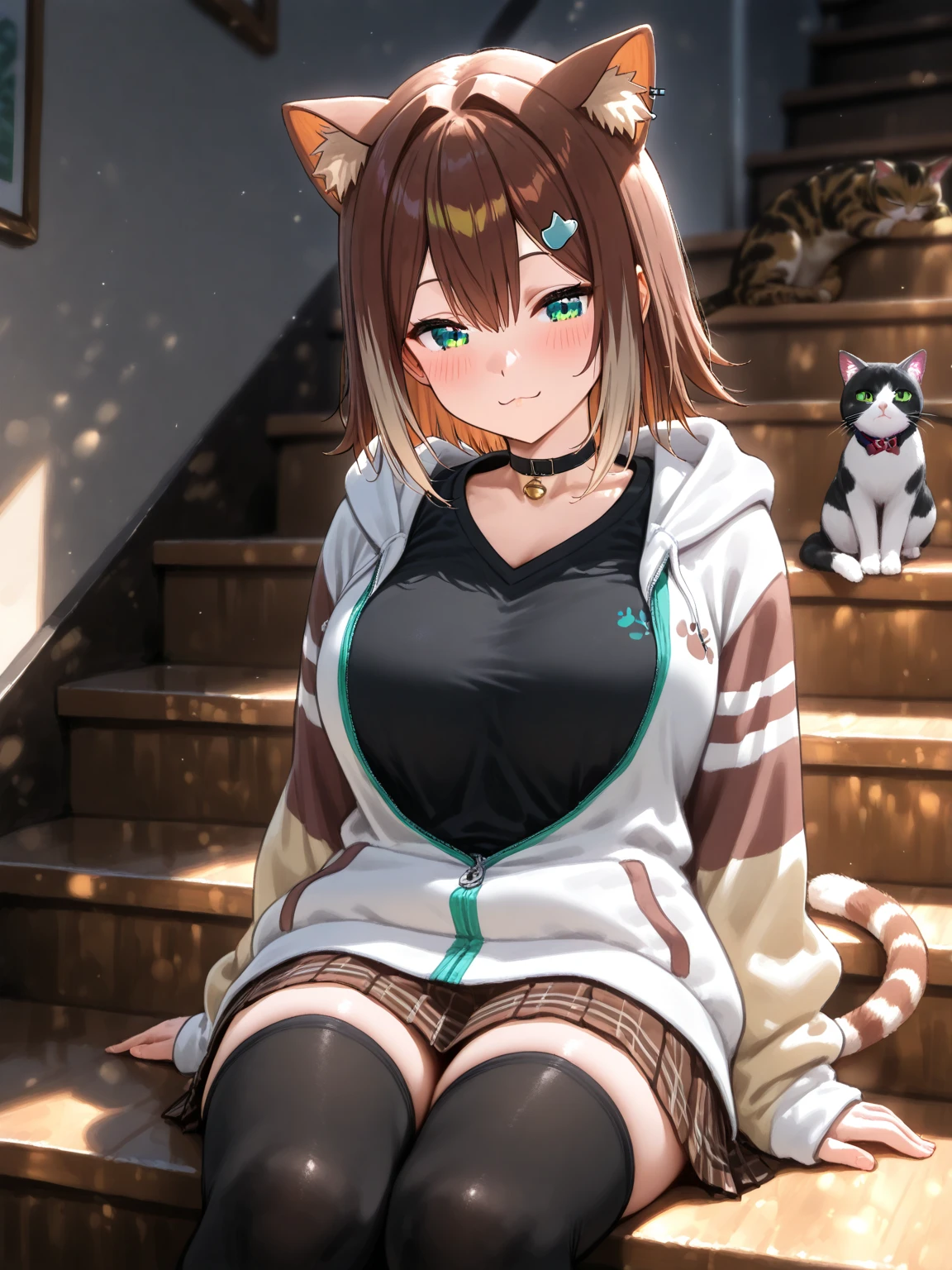 masterpiece, best quality, 1girl, brown hair, long hair, blunt bangs, large breasts, looking at viewer, photo \(medium\),
(cat costume), angry, blush, pointing at viewer, clenched hand, standing, outdoors, pond, riverbank, jungle, flower,