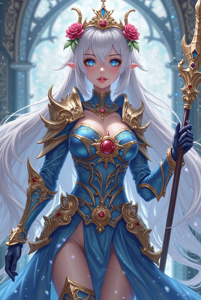 A girl, Night Elf, long ears, long hair red blue, Green eyes, grinning, long mage robe, visibly life, massive magical shoulder pads, (portrait including showing legs :1.5), in the hands of the magic of fire and ice Mage's Tower, glowing projectiles around the character