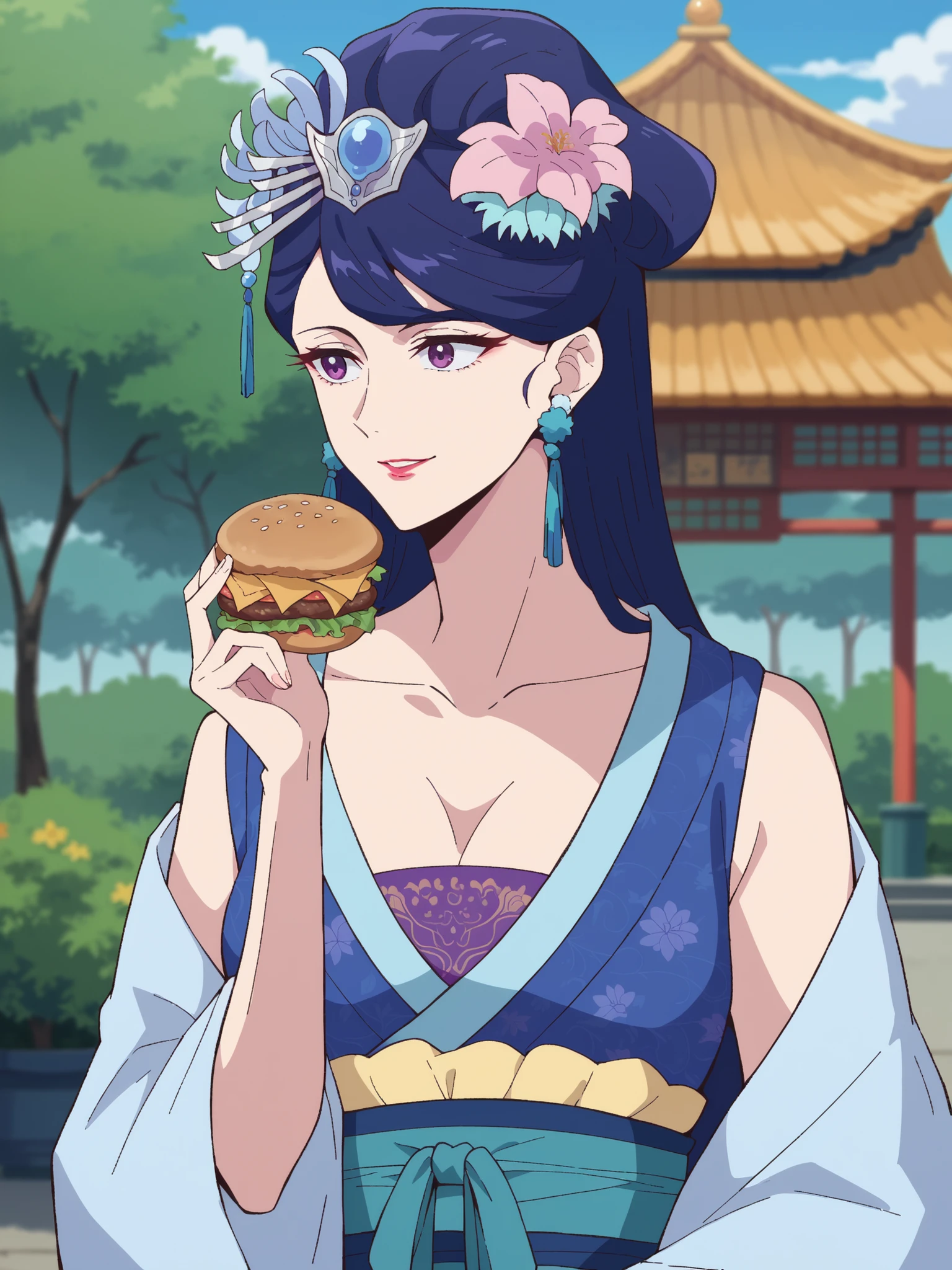 (best quality, masterpiece),Pear Blossom,Every Single Person at the Drugstore,sleeveless,long hair, purple eyes, purple hair, flower, earrings, hair flower, lipstick,Chest, Jewelry, Chinese clothing, Hanfu,Outdoors,garden,smile,(viewers on my mom), opens her mouth,Eating a hamburger ,