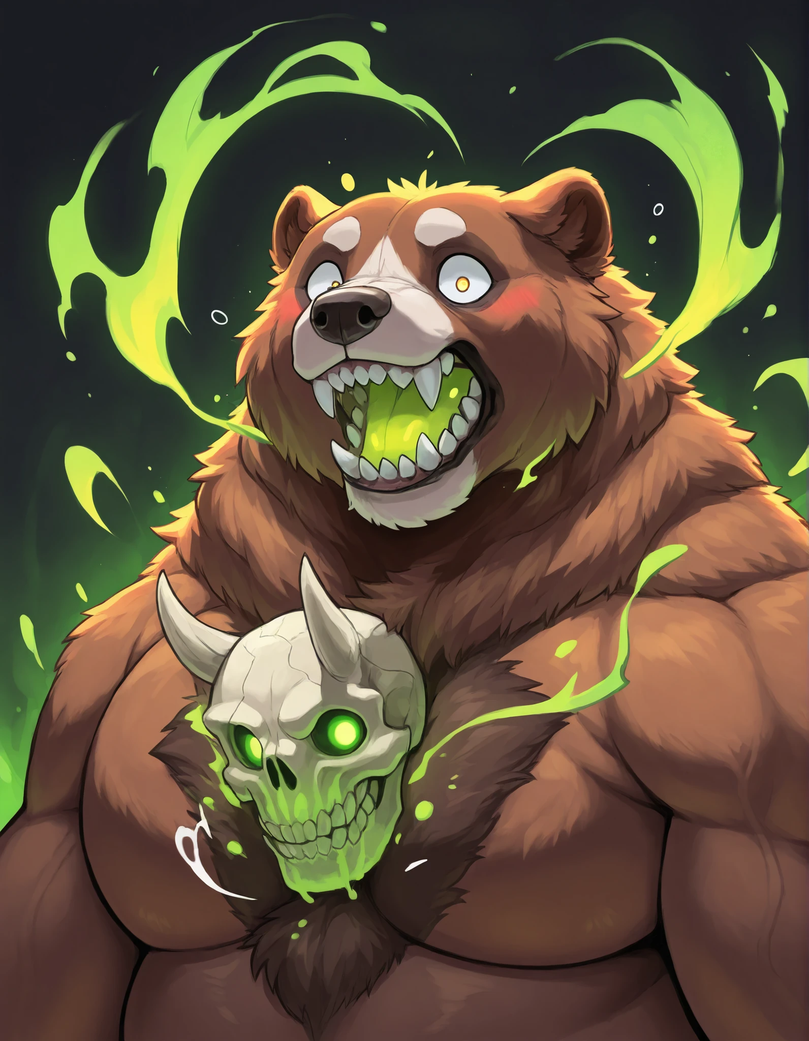 Black Portrait: Morbidly Obese Kodiak Bear; (obtuse muscular, feral, big fat; huge muscles, Voo-Doo eyes; brown fur, glowing green ominous essence); blushing; thrusting; closed Mouth; tired expression; surprised; skulls; monster obese Bear; detailed eyes; (sharp teeth); masterpiece; best quality; amazing quality;