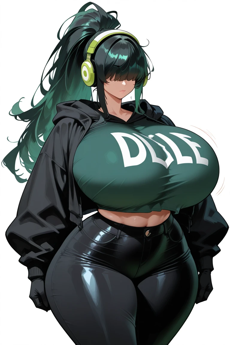20 year old woman, busty, bubble butt, hourglass figure, skinny, blushing, tired expression, horny, exhausted, long hair, purple hair, wavy hair, wearing latex tshirt, latex pants, cleavage, tight fitting clothing, gray background, anime, flat colors, dynamic pose, hands on chest, heavy make up, kissable lips, red lipstick