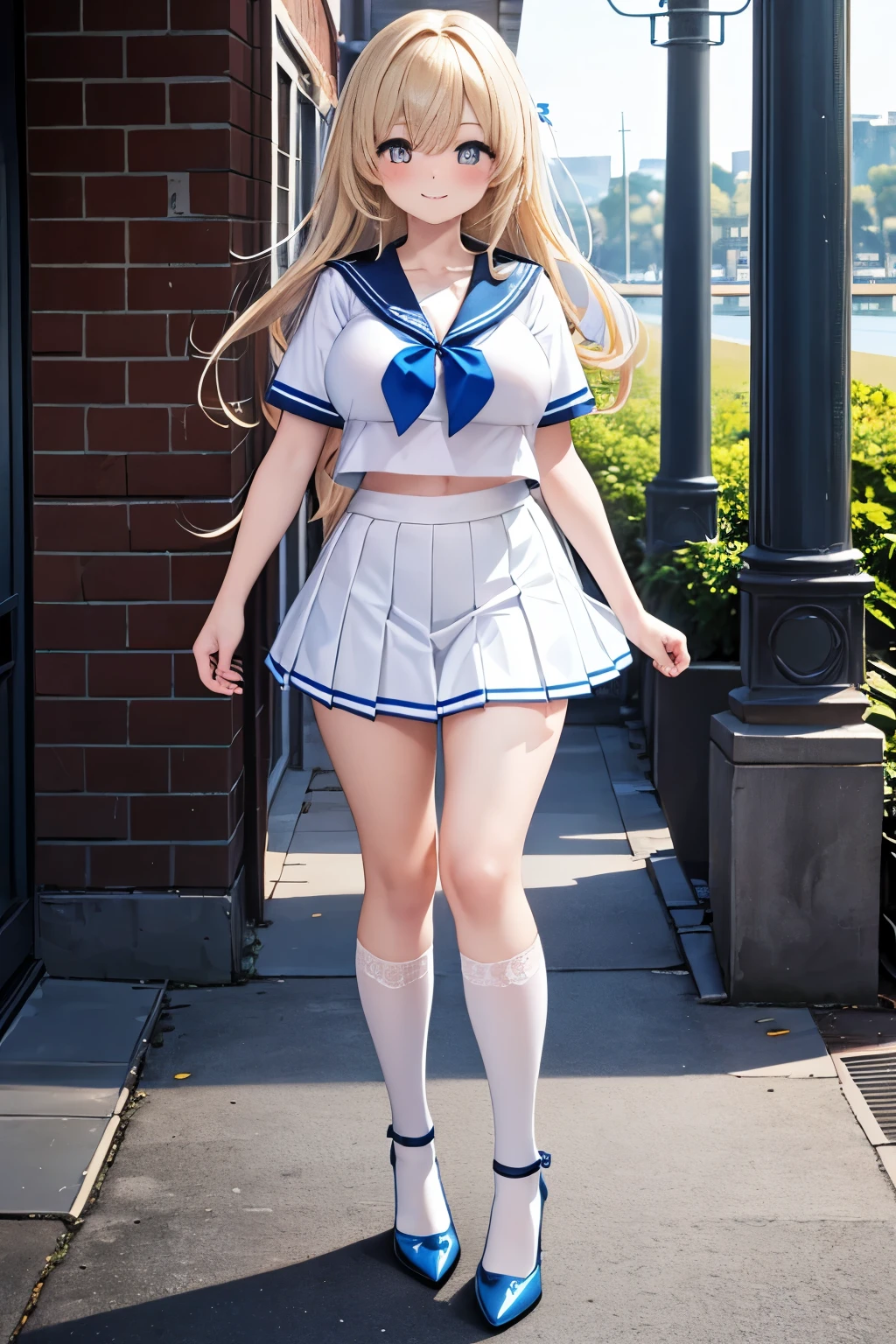 A high school girl in a sailor suit is doing a high kick,long hair,Blonde,White