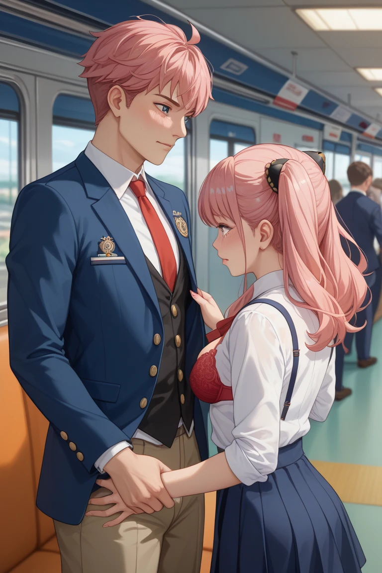 (SFW), ((pink hair girl)),((photorealistic)), (masterpiece), (best quality:1.3), absurdness, [:intricate details1.3], SFW, realistic, masterpiece, (VERY crowded subway train interior detailed scenario, VERY crowded subway train interior detailed background), standing insanely hot (young small girl1) using sexy ((skirt)), ((behind skirt lifted)), ((3/4 white stockings, big ass)), ((thick thighs)), (fear expression), (blushed face), (perfect body proportions)), man ass groping young small girl 1 from behind, ((( man pressing his chest on young woman 1 back))) and (((holding her waist behind her))), big ass, erotic bra and Thong, , bending over,, her hand holding on handrail