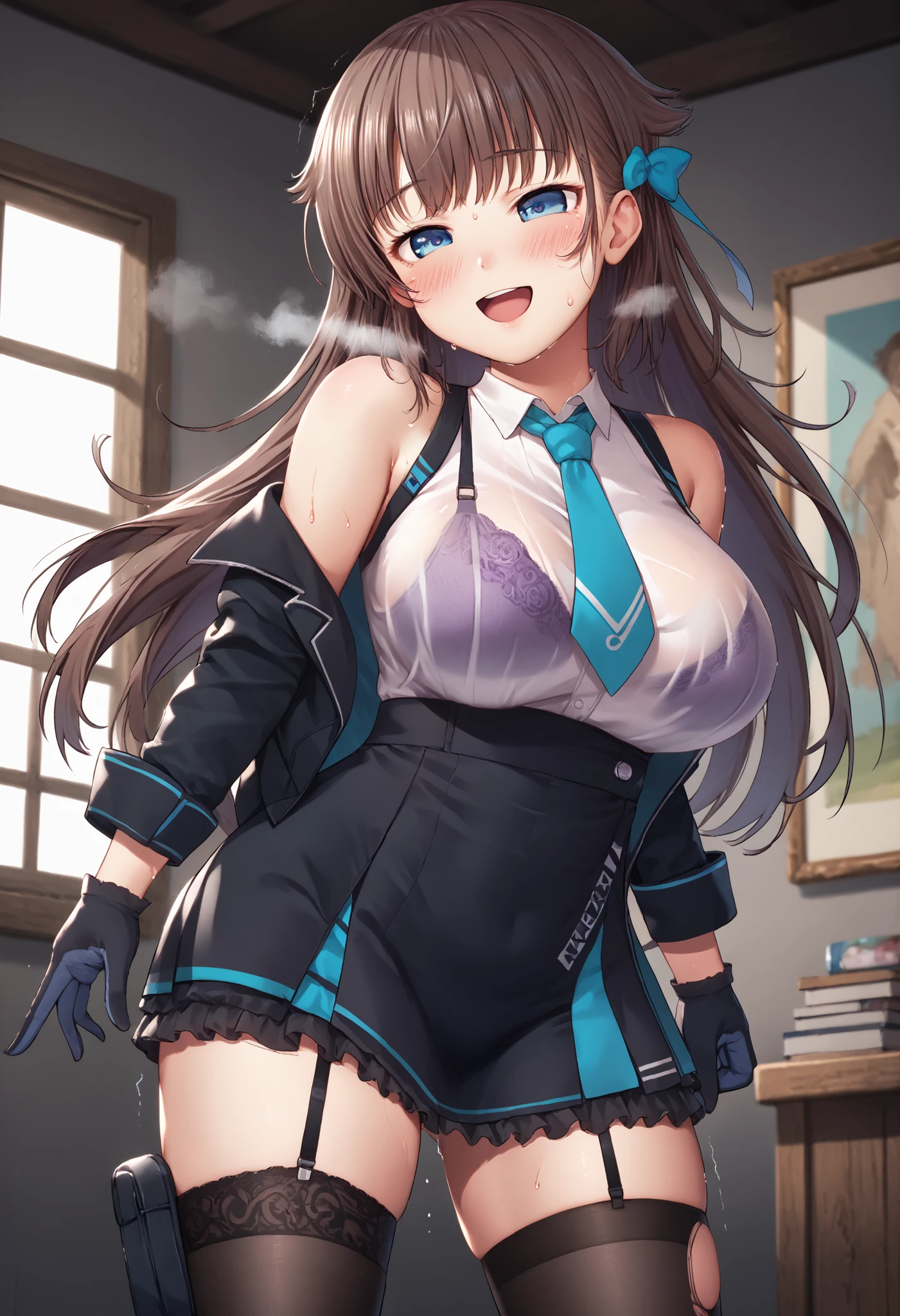 great quality,is so beautiful,Absard dress,best quality,newest,masterpiece,4k,resolution,anime screen capture,1 girl,brown hair,long hair,blue eyes,cute anime eyes,super huge breasts that have just been torn apart,very much sweat (Amount of sweat:2.0),blush(redness:3.0), Laughing face,I'm exhaling with my mouth wide open(steam),(Kana Kashiwazaki),hair bow,canavale , thigh length single socks, one leg in stockings, black jacket, sleeveless shirt, femoral strap, tie, cowboy shot, gloves, black skirt,I had sex until a while ago,my body is trembling because it has climaxed too much,steamが多い,shirt filled with sperm is see-through with sweat and the bra is slightly visible(The bra is purple),Painting in the womb,-game- Nebel Geisterjäger style