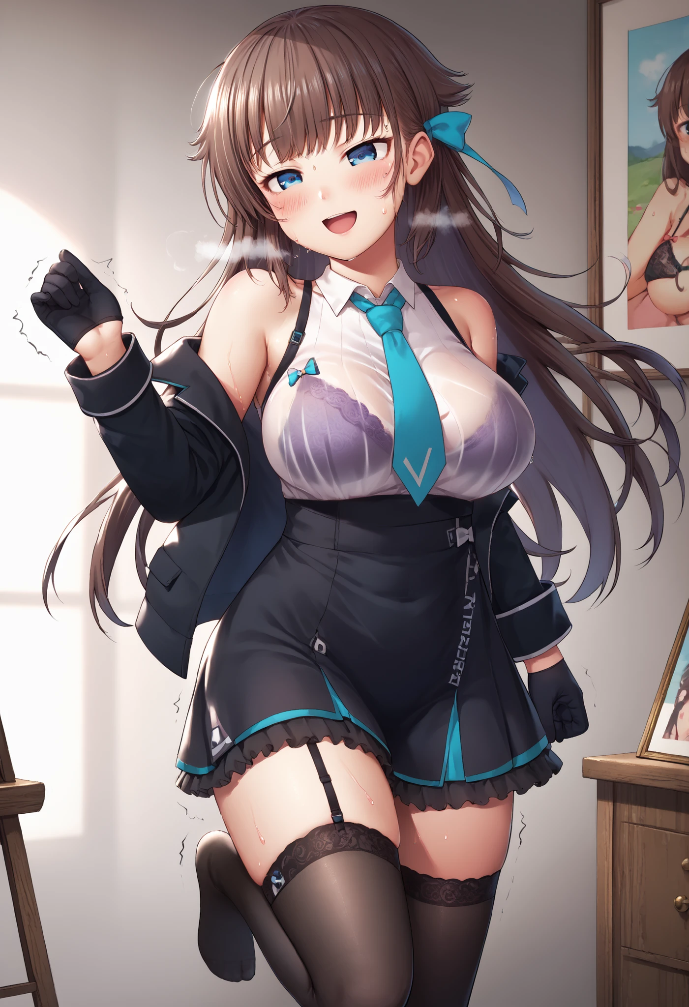 great quality,is so beautiful,Absard dress,best quality,newest,masterpiece,4k,resolution,anime screen capture,1 girl,brown hair,long hair,blue eyes,cute anime eyes,super huge breasts that have just been torn apart,very much sweat (Amount of sweat:2.0),blush(redness:3.0), Laughing face,I'm exhaling with my mouth wide open(steam),(Kana Kashiwazaki),hair bow,canavale , thigh length single socks, one leg in stockings, black jacket, sleeveless shirt, femoral strap, tie, cowboy shot, gloves, black skirt,I had sex until a while ago,my body is trembling because it has climaxed too much,steamが多い,shirt filled with sperm is see-through with sweat and the bra is slightly visible(The bra is purple),Painting in the womb,-game- Nebel Geisterjäger style