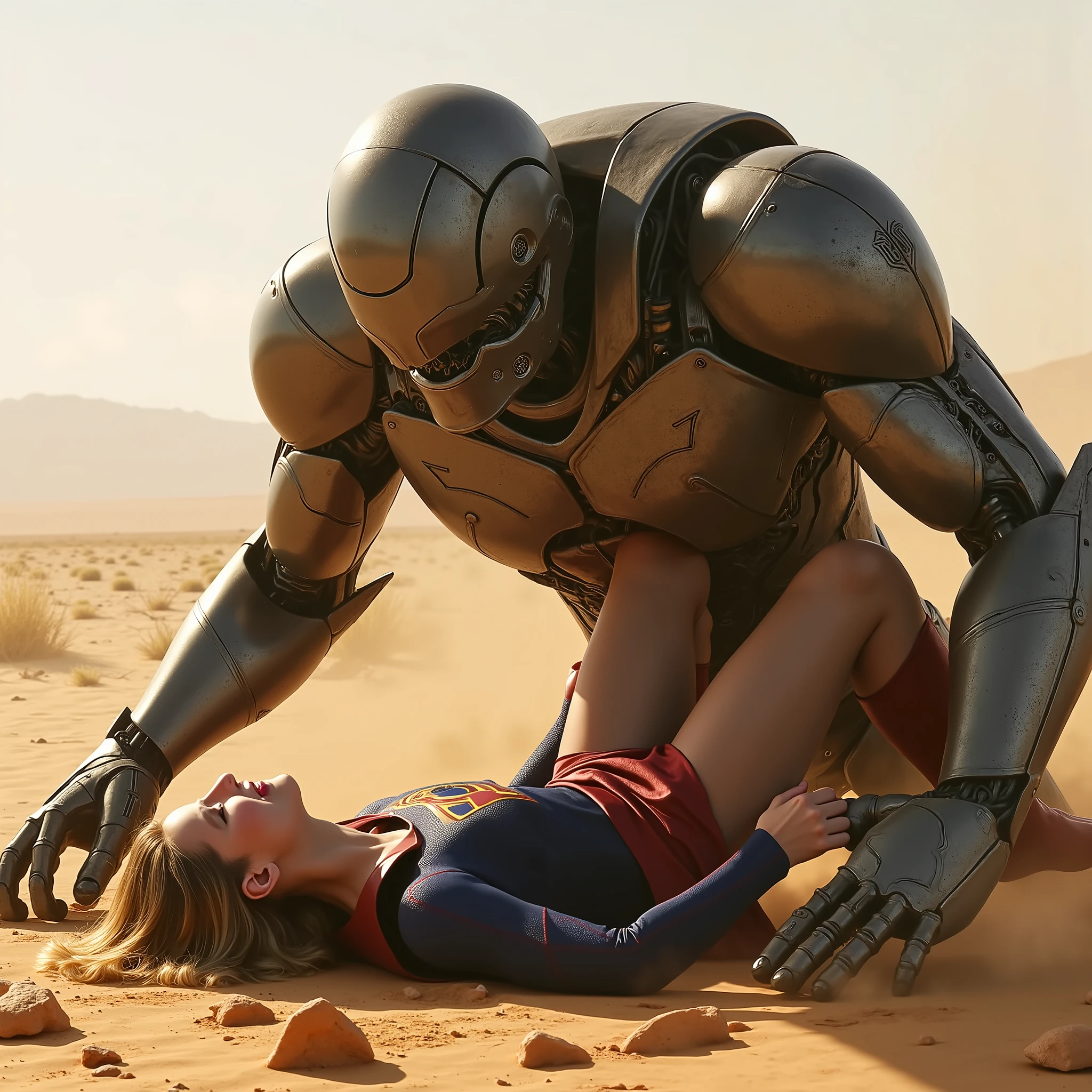 Melissa Benoist as Supergirl, Supergirl is attacked by a big robot, she is fighting and defeated, her legs are wide spread, she push its chest out, she is unbreathable with painful face, A big robot is strangling, its hip is between her legs, whole body from head to feet, in a desert,