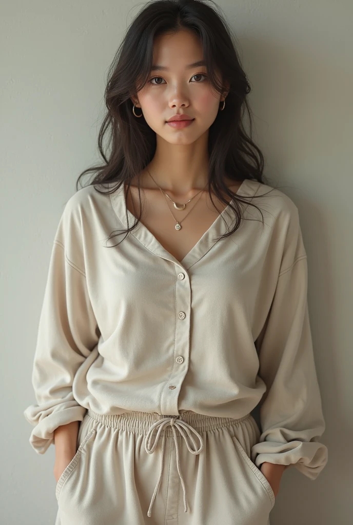 Solo, Cute jacket with light cleavage, Fluttering skirt, Lying in bed, Cute, Brown hair