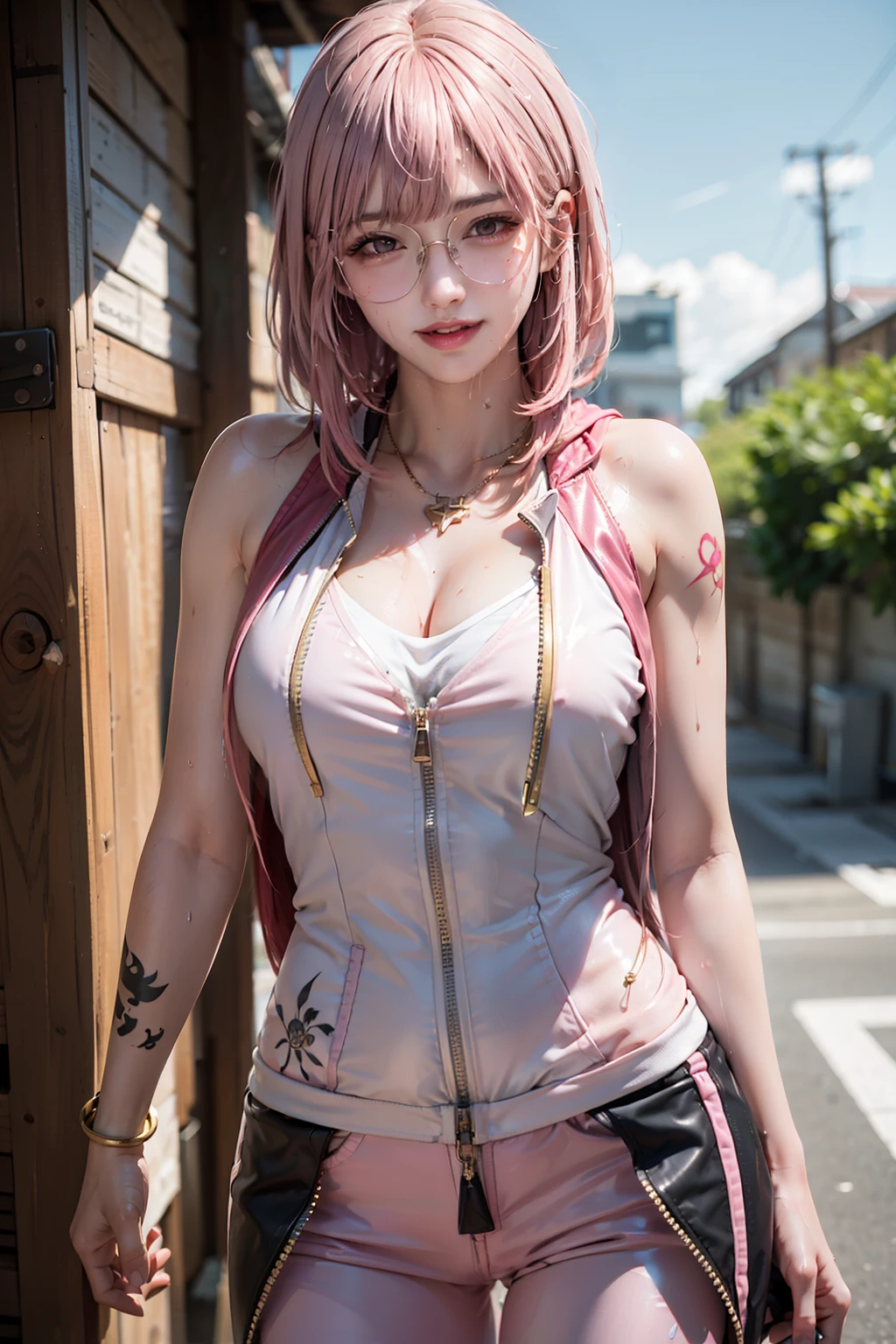 Cool women、sexy、Center of chest、Rize from Chainsaw Man、beauty、Yandere、、Face close-up、Chest tattoo、suit、necklace、(look up)、(Pink Hair)、).((Save face image))、((bar counter).(sunglasses)、
