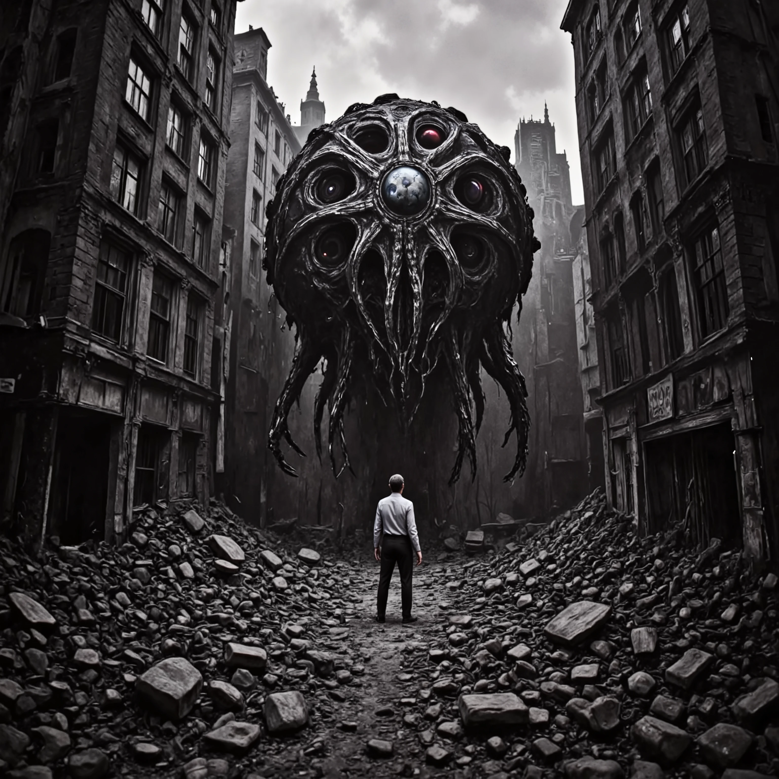 (Masterpiece. Ultra HD. 16K. Real Photo.) — (old photo:1.2), (damaged photo effect:1.3) captured from a (low angle:1.2) showing a (crumbling old city:1.5) with collapsing buildings amid rubble. Dominating the scene, (a massive, cosmic horror entity:1.6) emerges from the gloom—a form (incomprehensible and otherworldly:1.7) composed entirely of (writhing tentacles:1.3) and innumerable (sinister, glowing eyes:1.4) scattered across its chaotic, shifting mass. Its surface undulates like a living void, with amorphous tendrils reaching outward into the darkness, exuding an aura of ancient, eldritch terror. Rendered as a (black and white picture:1.1) with a (vintage, damaged sepia look:1.0), the image directly captures a realistic yet surreal moment of dystopian collapse.