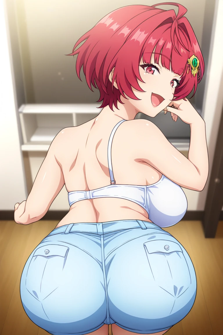 1girl, solo, bra and tight jeans, pelvic curtain, chubby stomach, fatty stomach, tsukasa tsukuyomi
