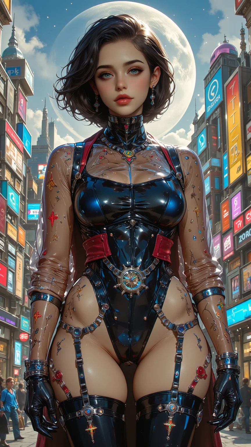 HalleQueen Latifah as a manga style 3d bikini anime look, very big eyes as a open outfit and, graffiti background of neon usa doomed street, laying on road clevage show, Miki Asai Macro milk and raspberry, very big breast background, epic royal background, big royal uncropped crown, royal jewelry, robotic, nature, full shot, symmetrical, Greg Rutkowski, Charlie Bowater, Beeple, Unreal 5, hyperrealistic, dynamic lighting, fantasy art