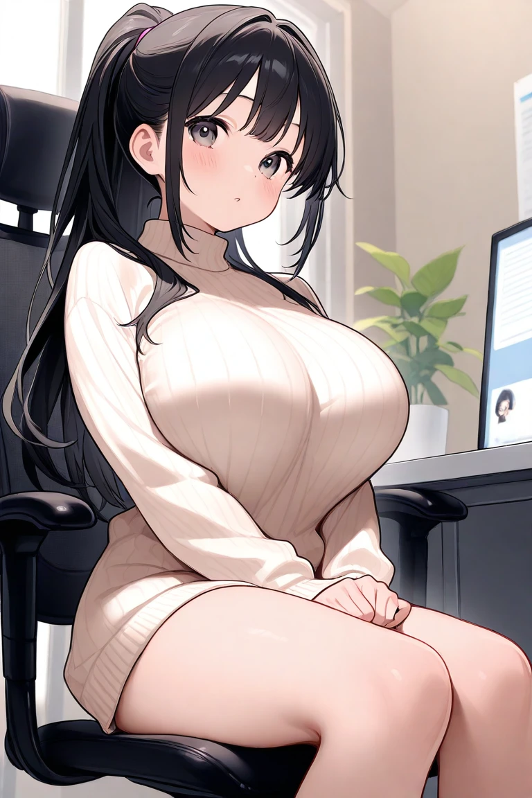 chubby auburn milf, huge breasts, bbw, thicc, huge thighs, facing away from computer screen, computer desk, blank black computer screen, comfy beige sweater, painterly, looking at camera, nervous, awkward, trying to smile, blushing, sitting down on chair, maternal face, eyes closed, sweating profusely, blushing heavily, worried, looking at camera uncomfortably, completely blank computer screen