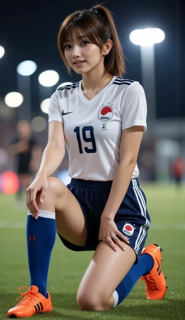 Best picture quality (8K, high resolution, Masterpiece: 1.2), super detailed,  215 Short Hair,Three braids long hair, 26-year-old woman, 

soccer player、Kicking the ball、Lawn ground、A large crowd is watching、Brown Hair Active Pause ,
Beside her、The thunder danced。
Focus on the waist above


, random cute pose ,big eyes ,Puffy eyes ,  Heart Pupil, blush  , huge shy smile , salute
