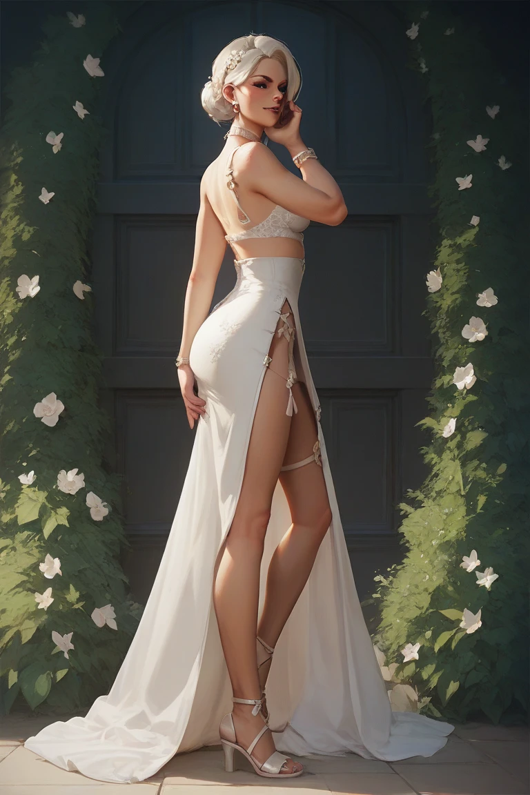 Inna Korobkina, the beautiful model, she is 28 years old today. She is a Peixes sign, standing at 1.65m tall, and weighing 50kg. Her skin color is white, and she has green eyes, blond hair, long hair length, small bust, small waist, and large hips. She is wearing a Flowing white dress adorned with intricate silver embroidery, complemented by delicate silver jewelry look, in a Studio with black screen for an elegant and sophisticated style setting, striking a Full-body photo, hands in pockets, looking to the side pose. , red lips, chromatic aberration abuse, UHD, retina, masterpiece, accurate, anatomically correct, textured skin, super detail, high details, high quality, award-winning, best quality, high-res, 1080P, HD, 4K, 8K, 16K --q 5