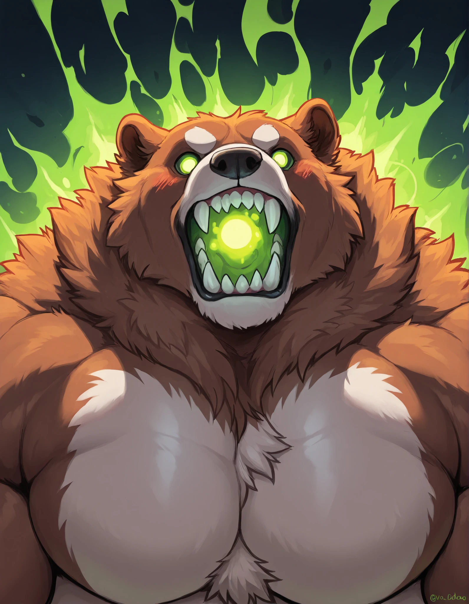 Black Portrait: Morbidly Obese Kodiak Bear; (obtuse muscular, feral, big fat; huge muscles, Voo-Doo eyes; brown fur, glowing green ominous essence); blushing; thrusting; closed Mouth; tired expression; surprised; skulls; monster obese Bear; detailed eyes; (sharp teeth); masterpiece; best quality; amazing quality;