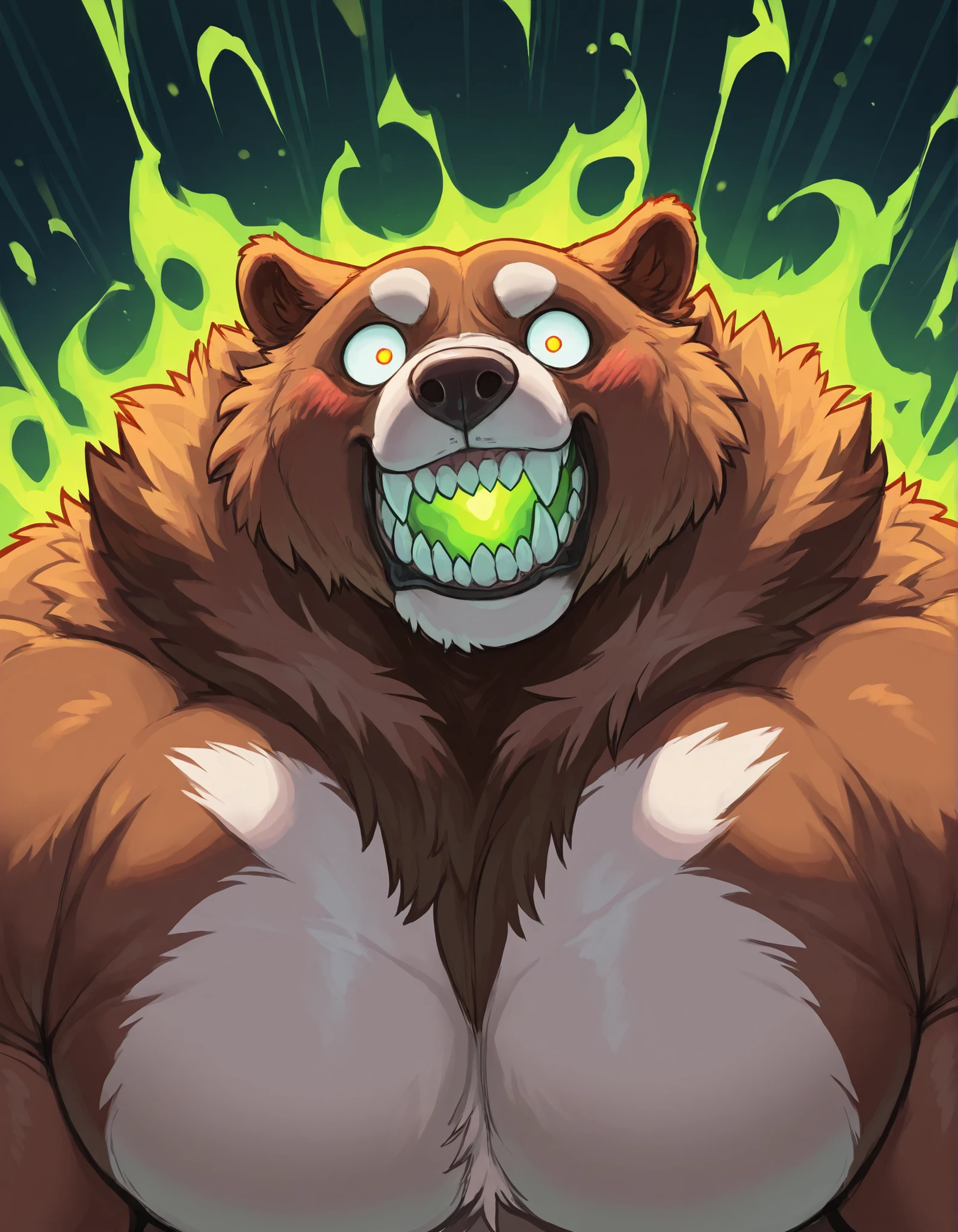 Black Portrait: Morbidly Obese Kodiak Bear; (obtuse muscular, feral, big fat; huge muscles, Voo-Doo eyes; brown fur, glowing green ominous essence); blushing; thrusting; closed Mouth; tired expression; surprised; skulls; monster obese Bear; detailed eyes; (sharp teeth); masterpiece; best quality; amazing quality;