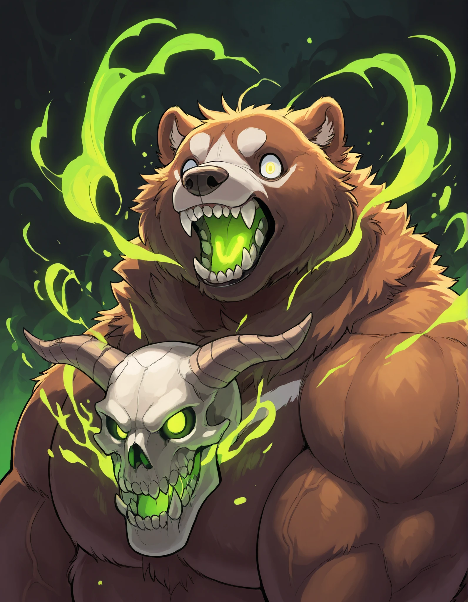 Black Portrait: Morbidly Obese Kodiak Bear; (obtuse muscular, feral, big fat; huge muscles, Voo-Doo eyes; brown fur, glowing green ominous essence); blushing; thrusting; closed Mouth; tired expression; surprised; skulls; monster obese Bear; detailed eyes; (sharp teeth); masterpiece; best quality; amazing quality;
