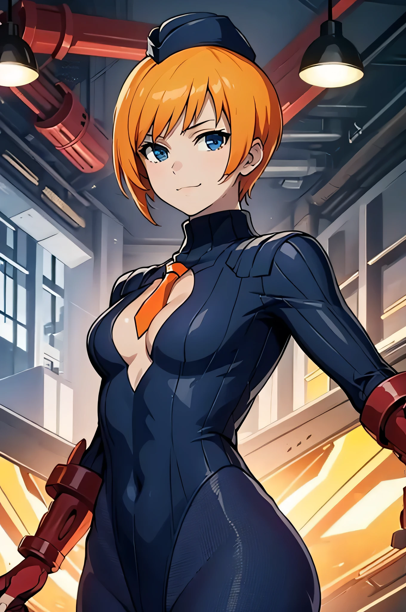 2 girl, sfJuli, (blue eyes, brown hair, hat, necktie, gloves, ribbed bodysuit), sfJuni, (orange hair, short hair, blue eyes, hat, necktie, gloves, ribbed bodysuit),