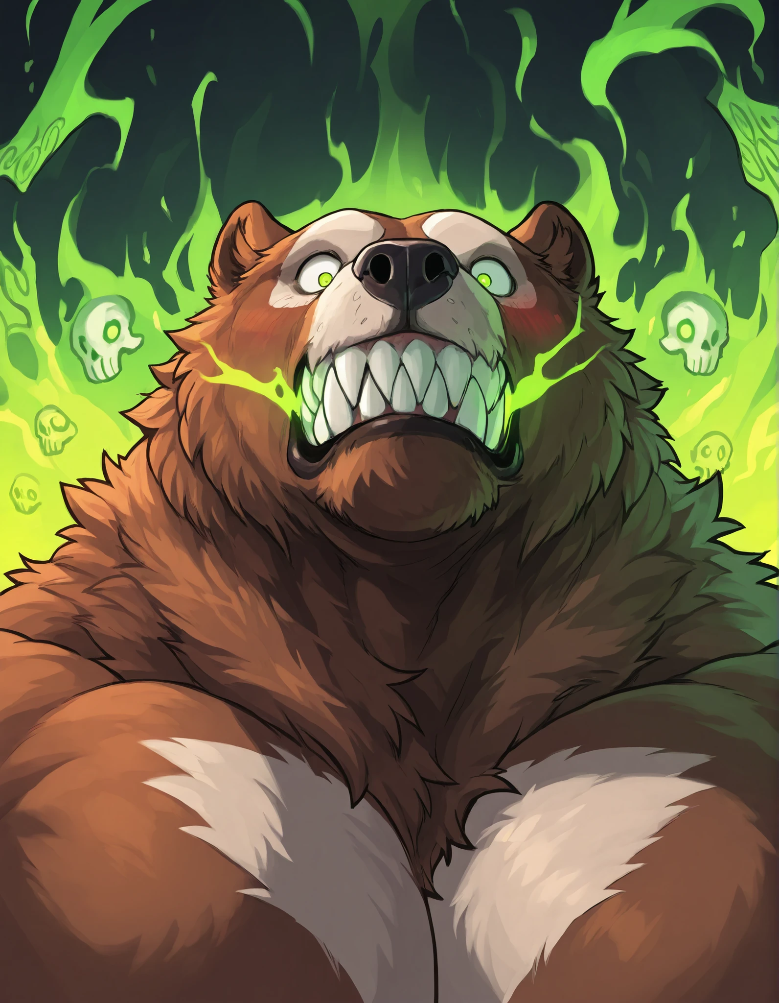 Black Portrait: Morbidly Obese Kodiak Bear; (obtuse muscular, feral, big fat; huge muscles, Voo-Doo eyes; brown fur, glowing green ominous essence); blushing; thrusting; closed Mouth; tired expression; surprised; skulls; monster obese Bear; detailed eyes; (sharp teeth); masterpiece; best quality; amazing quality;