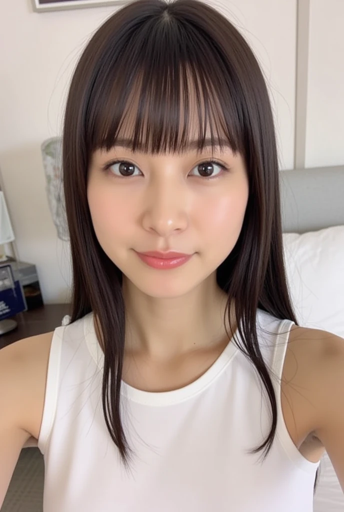 (A photo of your face:1.25), 6 years old, (Baby Face:1.3), (Round face:1.3), One Japanese woman, beautiful girl, Pretty face, (View your viewers), (Standing facing the camera), (smile), (Beige tank top)、(Pure white background:1.2)