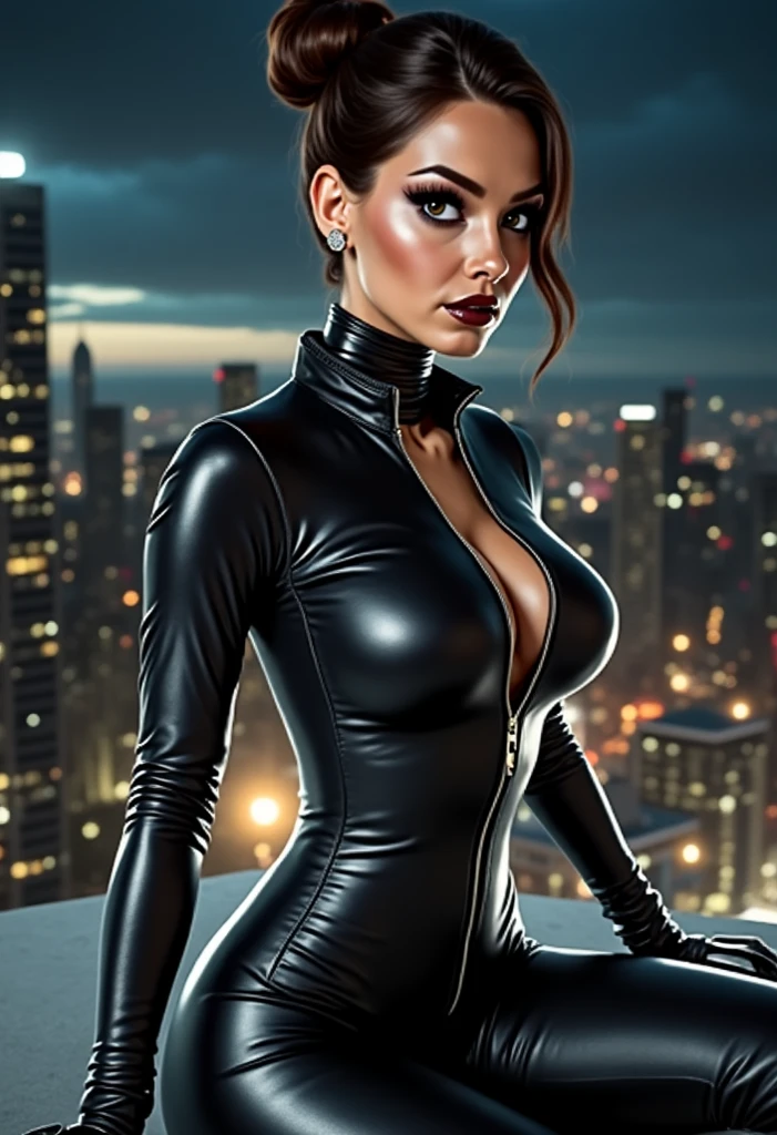 Sexy, black short hair, full black latex bodysuit unzipped down the front, cleavage, small breasts, thin and skinny, toned body, treasure loot, hand on hips pose, ((rooftop urban cityscape at nighttime)), smile
