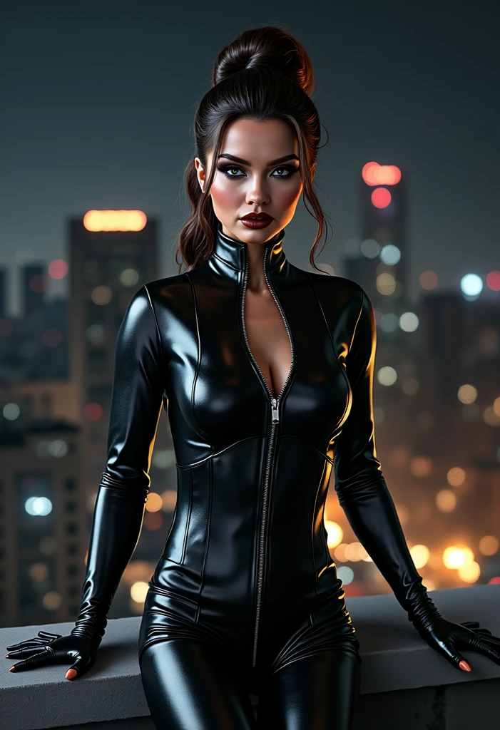 Extremely detailed, very sharp, best quality, female, Sophie Thatcher face, black rider latex suit, tall and lean body, harness, night, night street, lights, very short black haircut, dark makeup, pauldrons, holster, curvy, sexy, flirty, kicking a thug in the balls , he’s hurt in pain she smiles