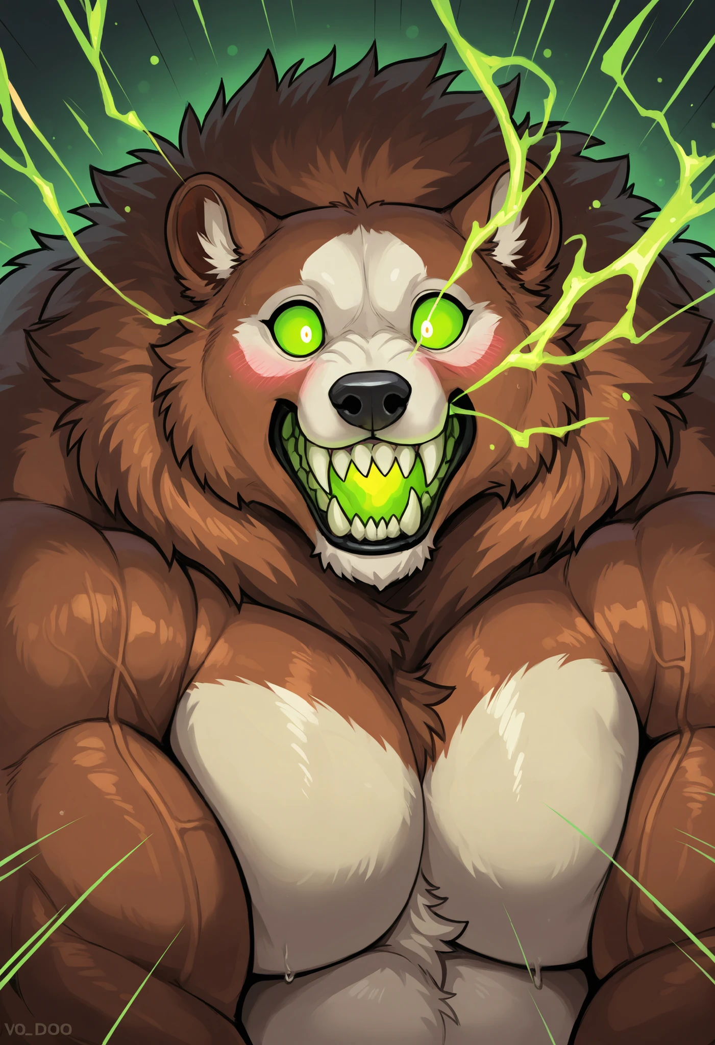 Black Portrait: Morbidly Obese Kodiak Bear; erection and fuzzy balls; (obtuse muscular, feral, big fat; huge muscles, Voo-Doo eyes; brown fur, glowing green ominous essence); blushing; thrusting; closed Mouth; tired expression; surprised; skulls; monster obese Bear; detailed eyes; (sharp teeth); masterpiece; best quality; amazing quality;